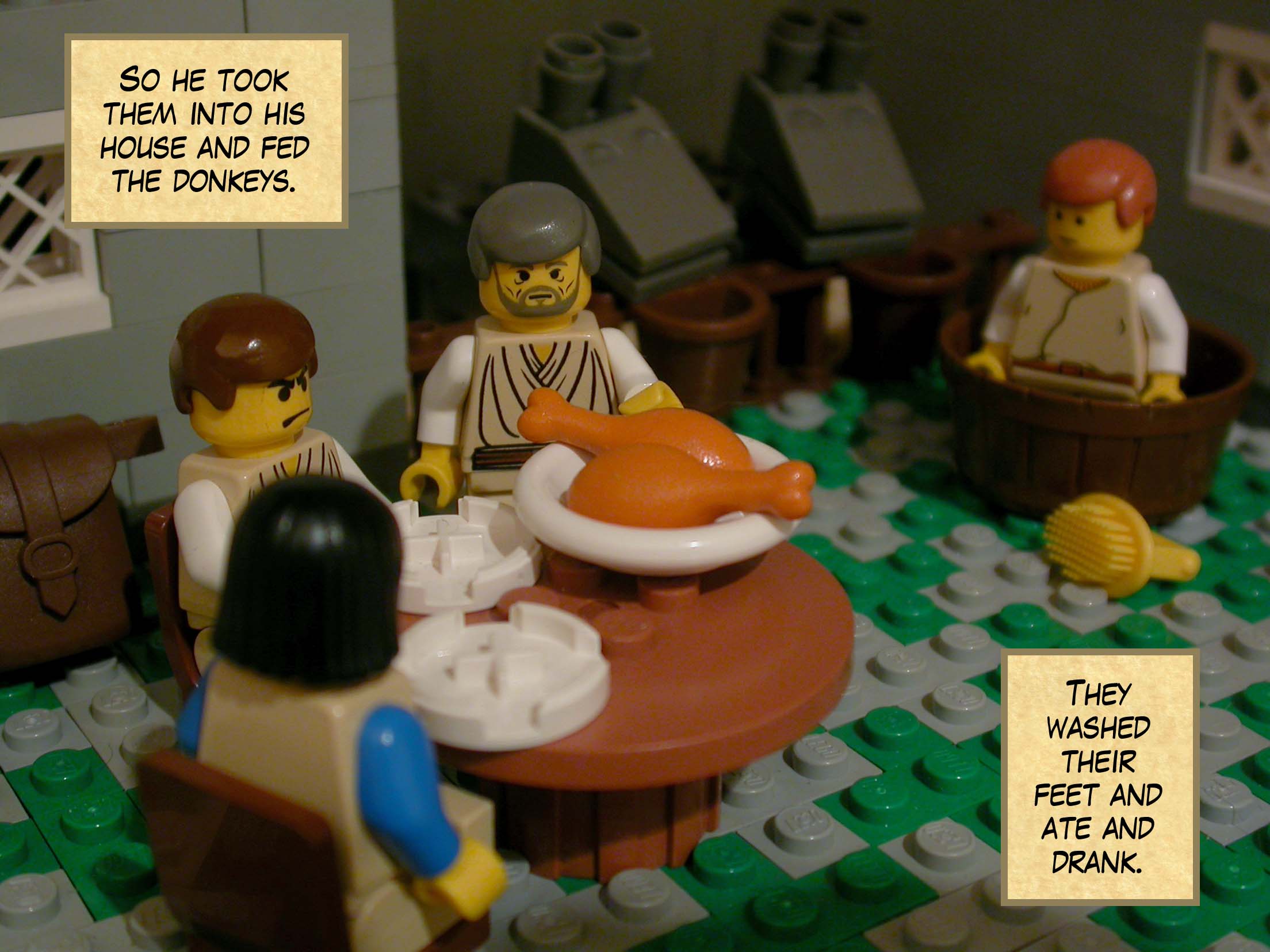 So he took them into his house and fed the donkeys. They washed their feet and ate and drank.