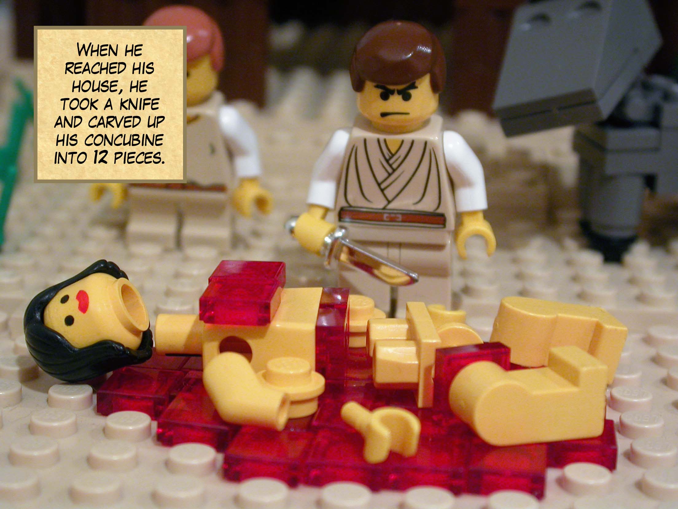 When he reached his house, he took a knife and carved up his concubine into twelve pieces.