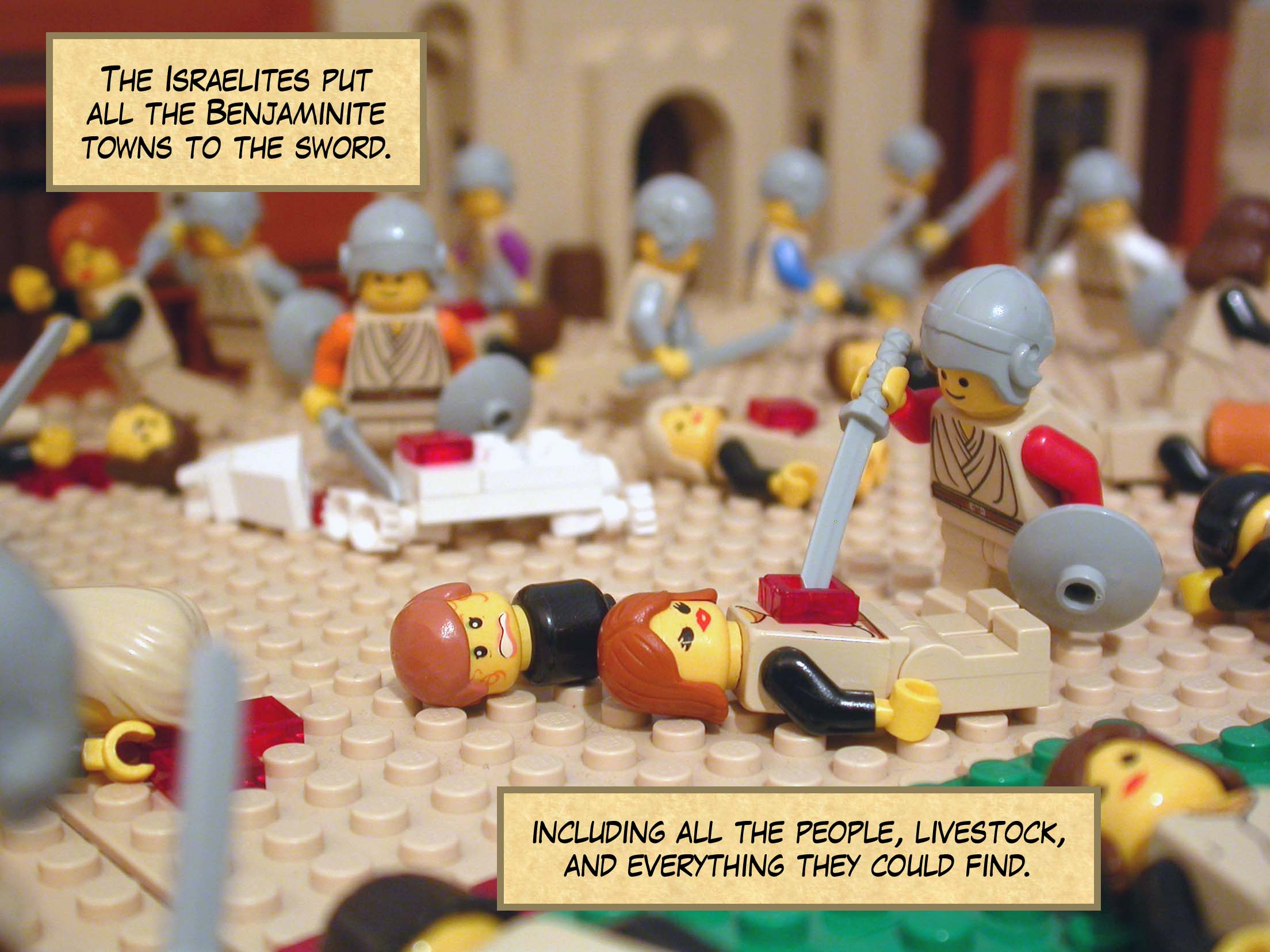 The Israelites put all the Benjaminite towns to the sword, including all the people, livestock, and everything they could find.