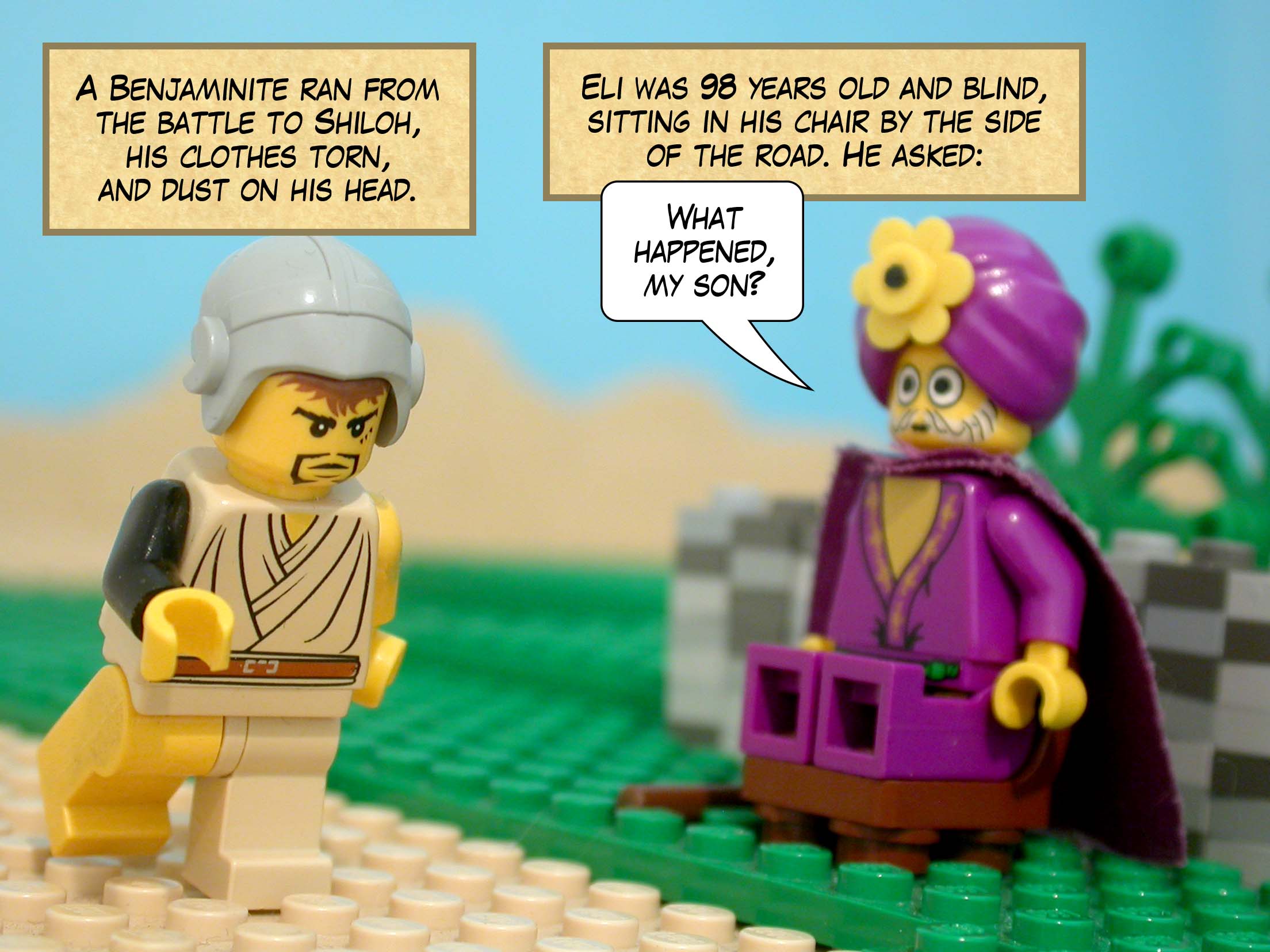 A Benjaminite ran from the battle to Shiloh, his clothes torn, and dust on his head. Eli was 98 years old and blind, sitting in his chair by the side of the road. He asked, 'What happened, my son?'