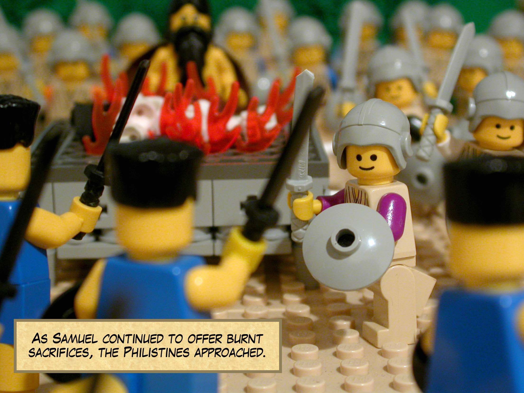 As Samuel continued to offer burnt sacrifices, the Philistines approached.