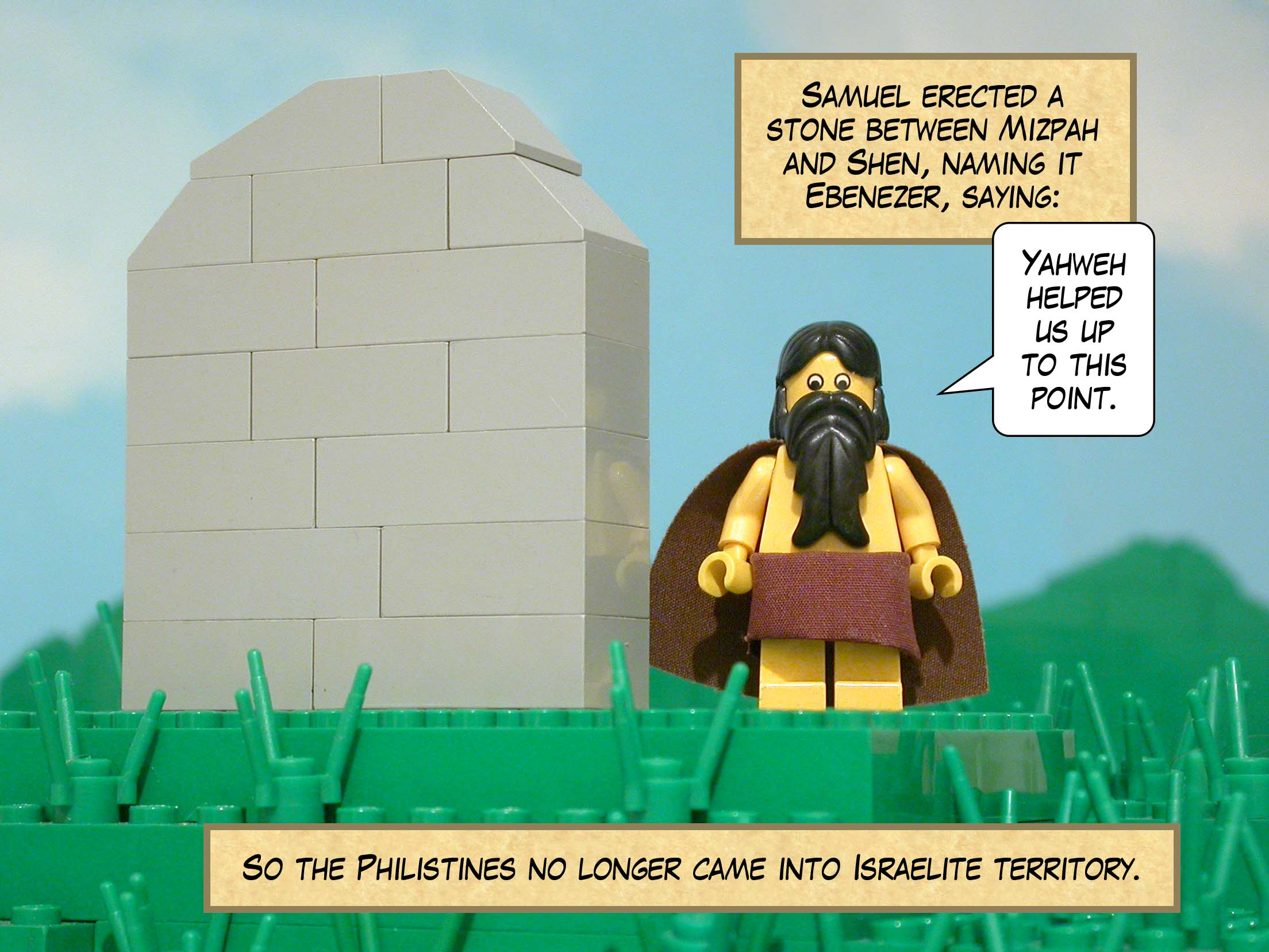 Samuel erected a stone between Mizpah and Shen, naming it Ebenezer, saying, 'Yahweh helped us up to this point.'