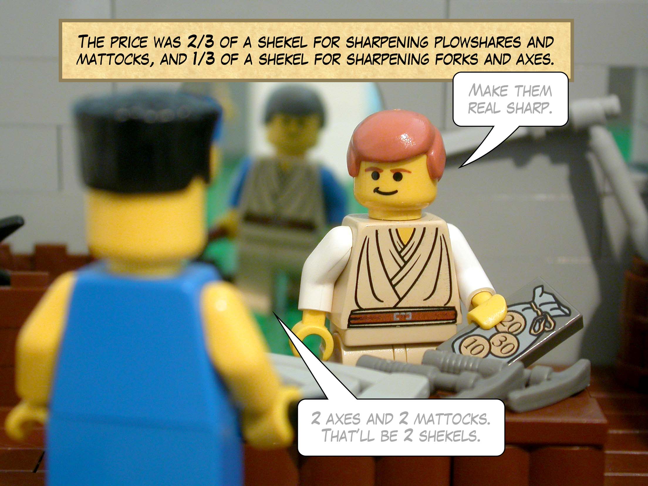 The price was two thirds of a shekel for sharpening plowshares and mattocks, and a third of a shekel for sharpening forks and axes.