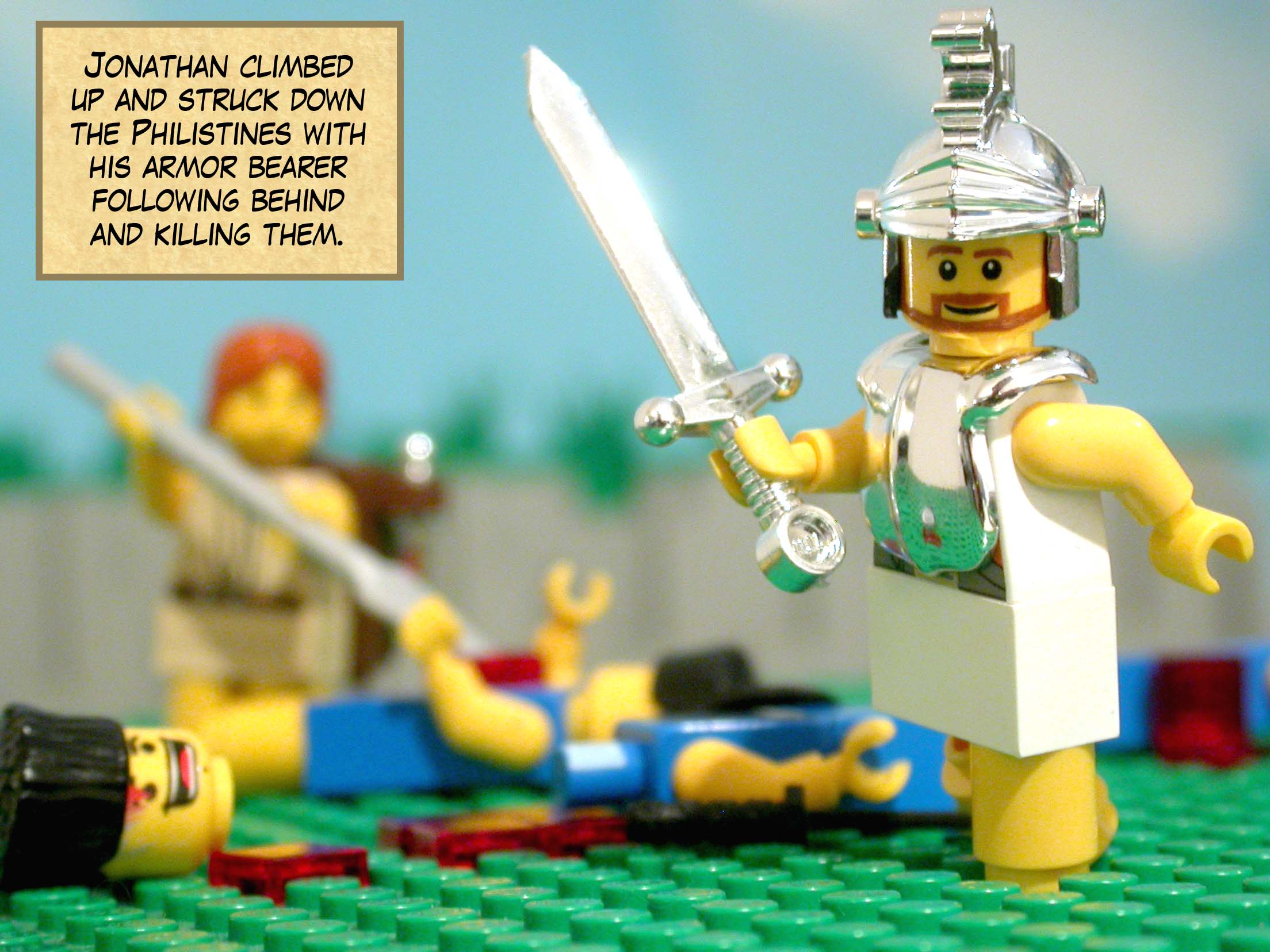 Jonathan climbed up and struck down the Philistines with his armor bearer following behind and killing them.