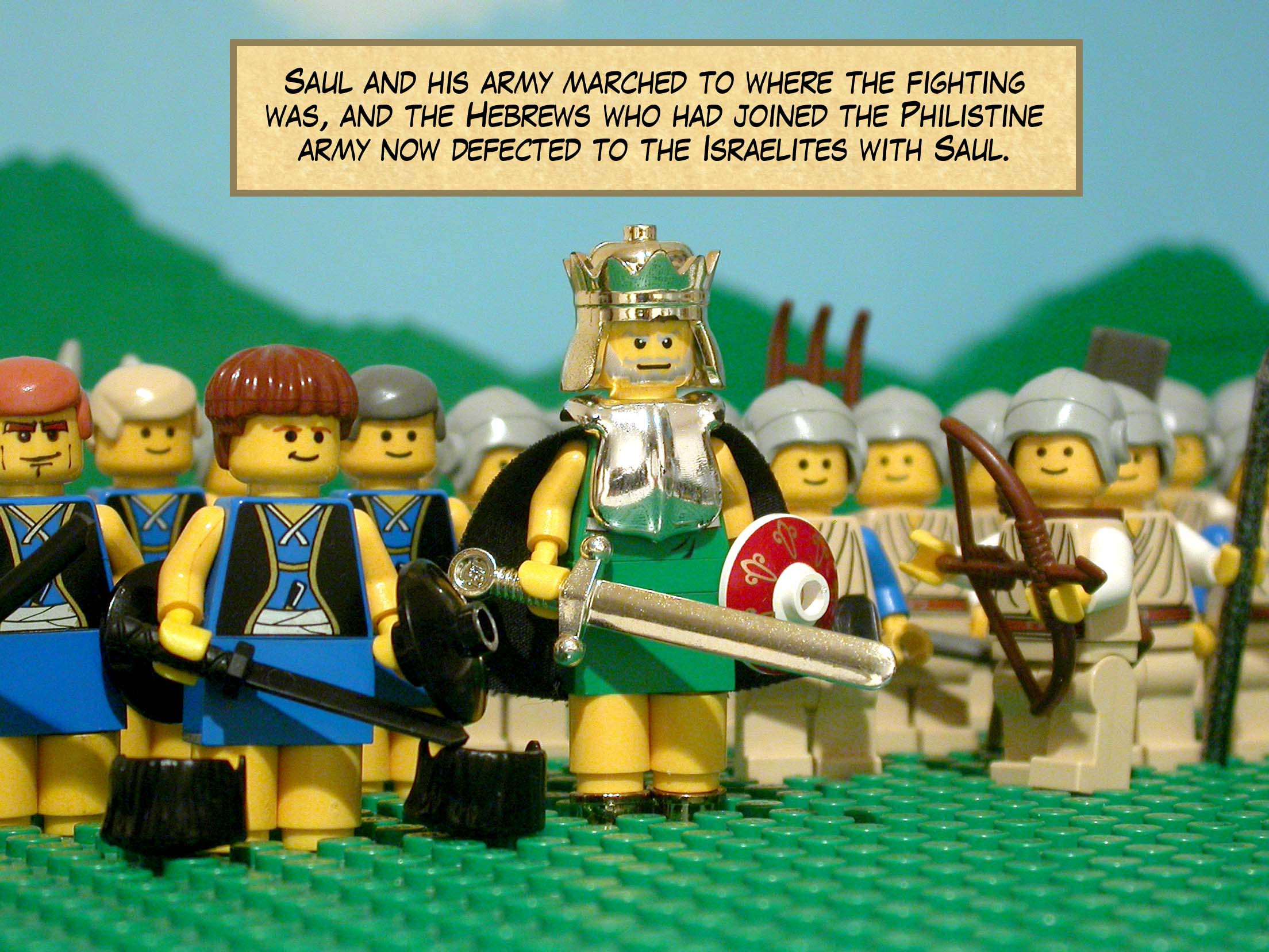 Saul and his army marched to where the fighting was, and the Hebrews who had joined the Philistine army now defected to the Israelites with Saul.
