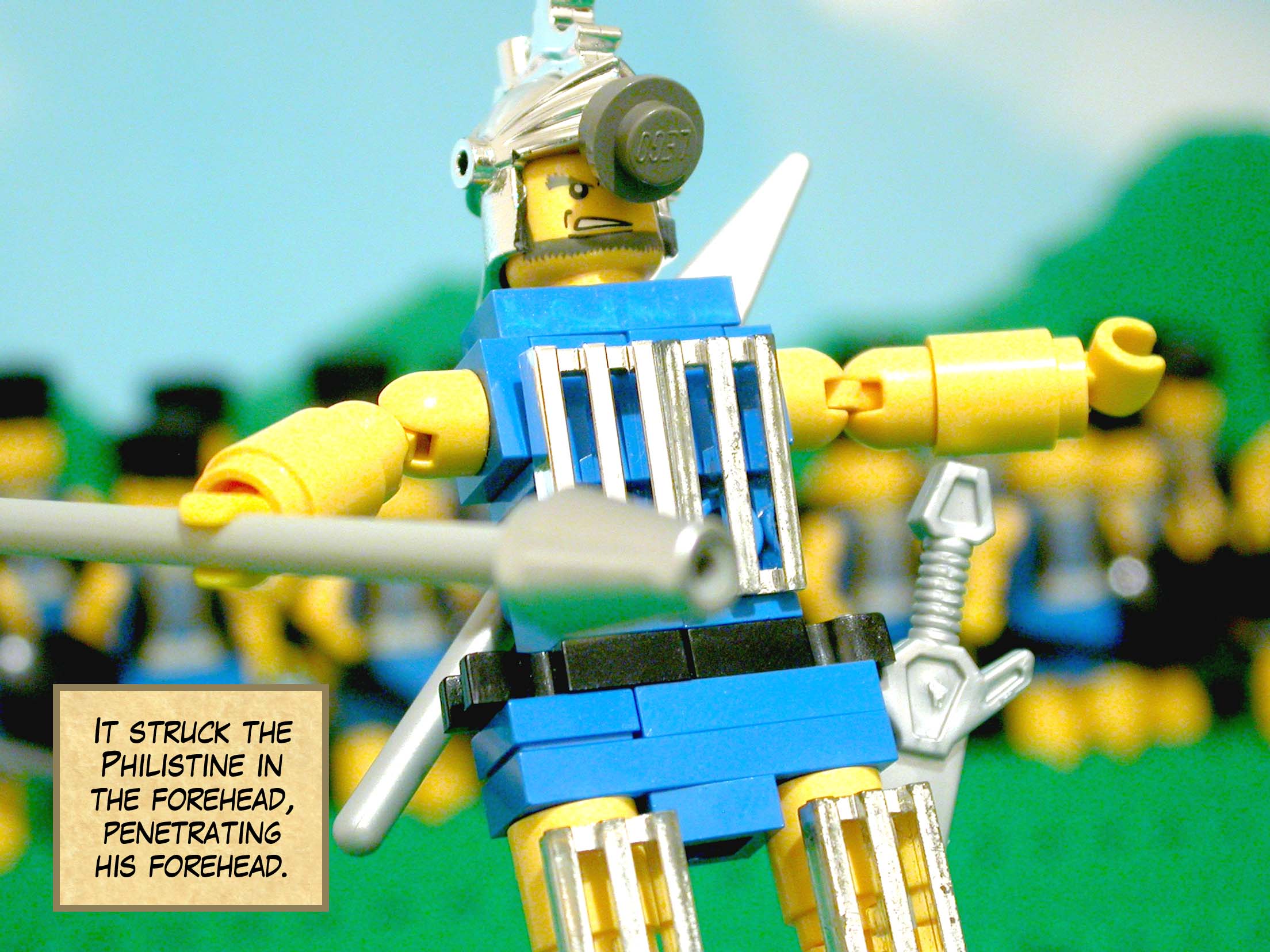 It struck the Philistine in the forehead, penetrating his forehead.