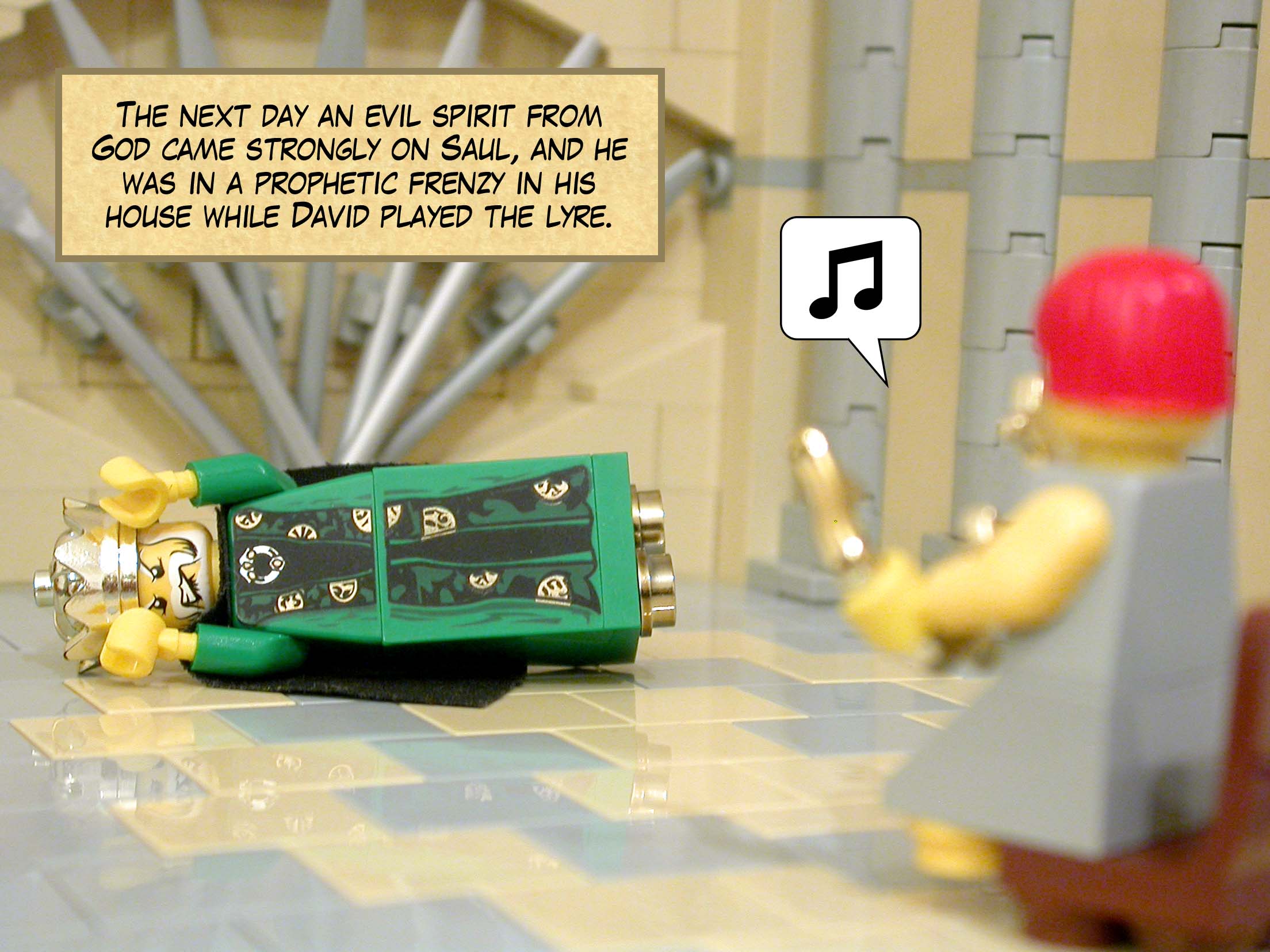 The next day an evil spirit from God came strongly on Saul, and he was in a prophetic frenzy in his house while David played the lyre.