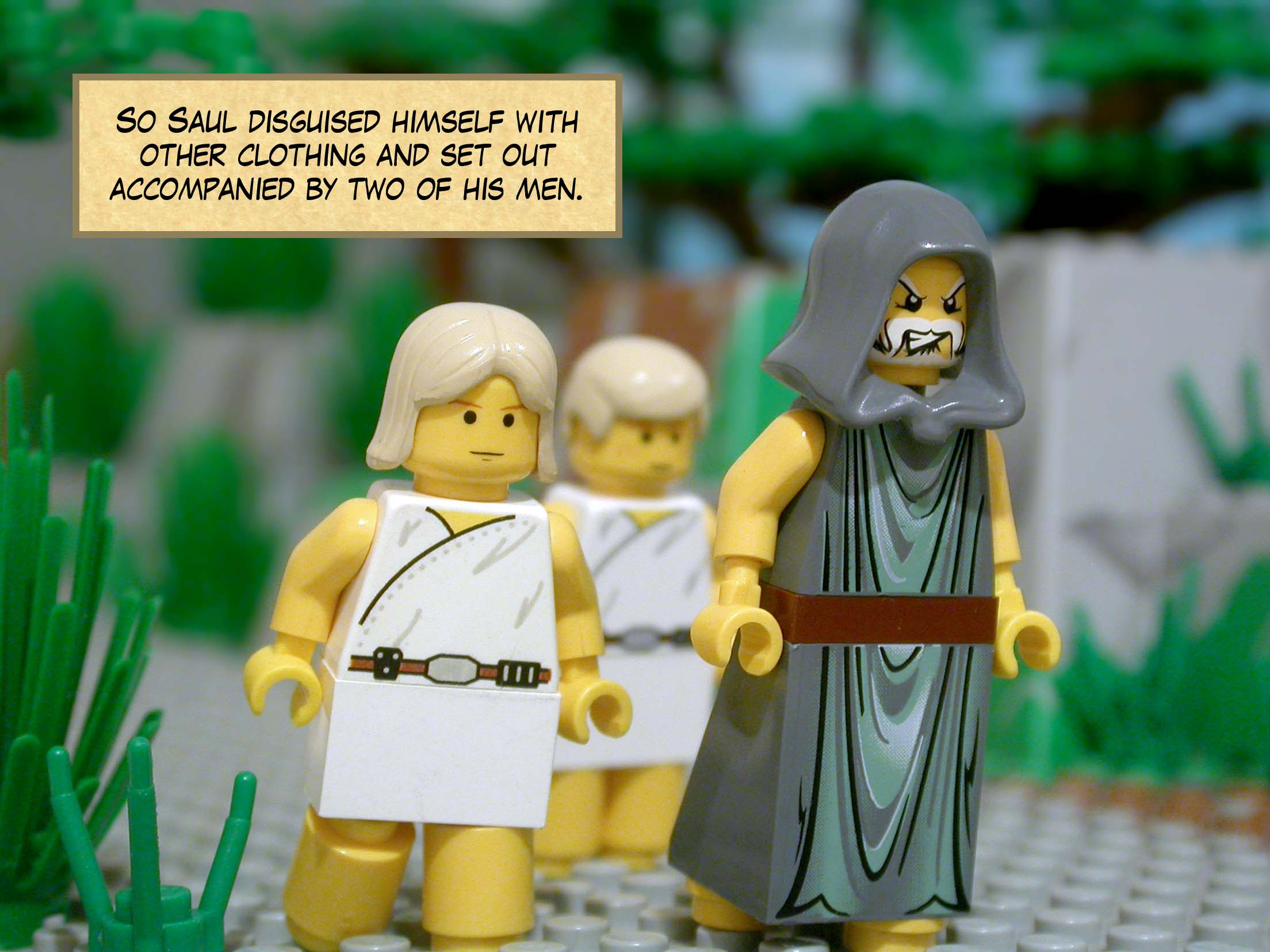 So Saul disguised himself with other clothing and set out accompanied by two of his men.