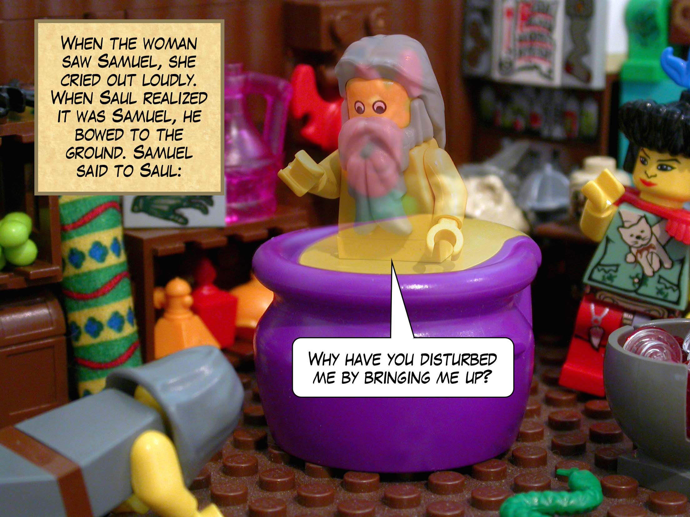 When the woman saw Samuel, she cried out loudly. When Saul realized it was Samuel, he bowed to the ground. Samuel said to Saul, 'Why have you disturbed me by bringing me up?'