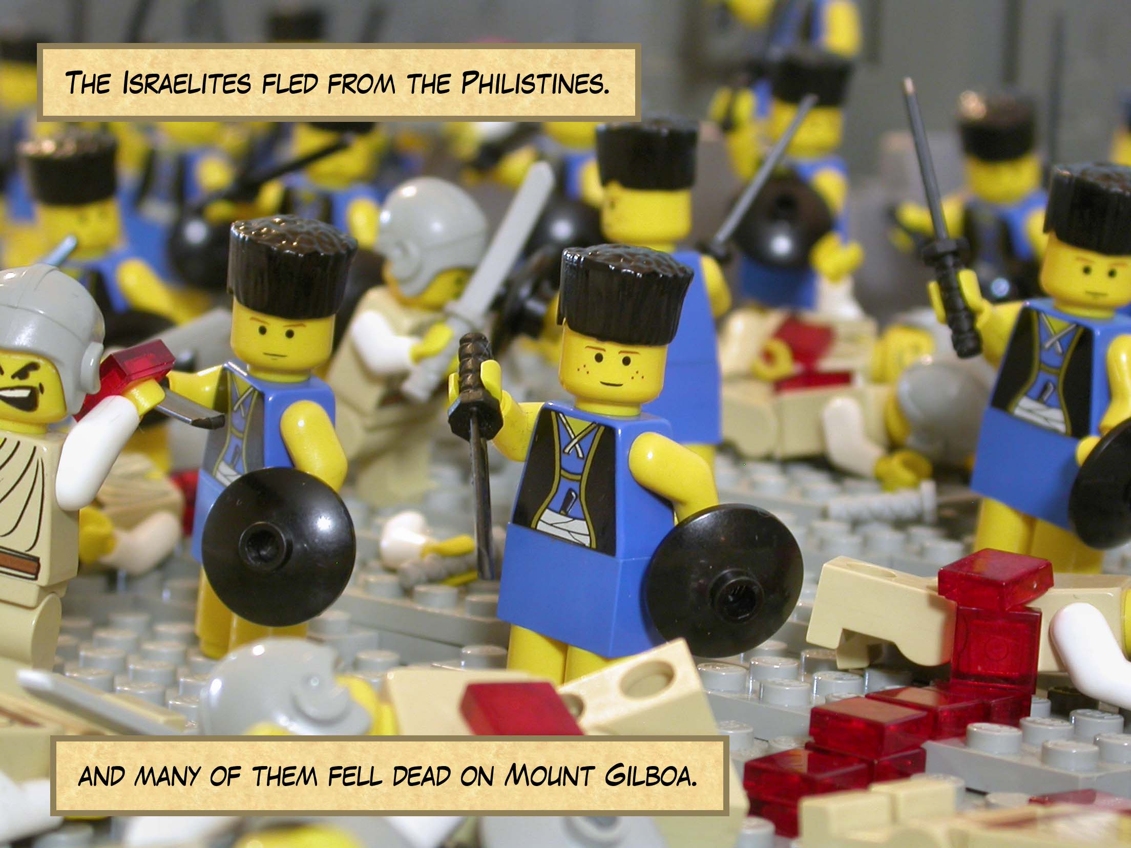 The Israelites fled from the Philistines, and many of them fell dead on Mount Gilboa.
