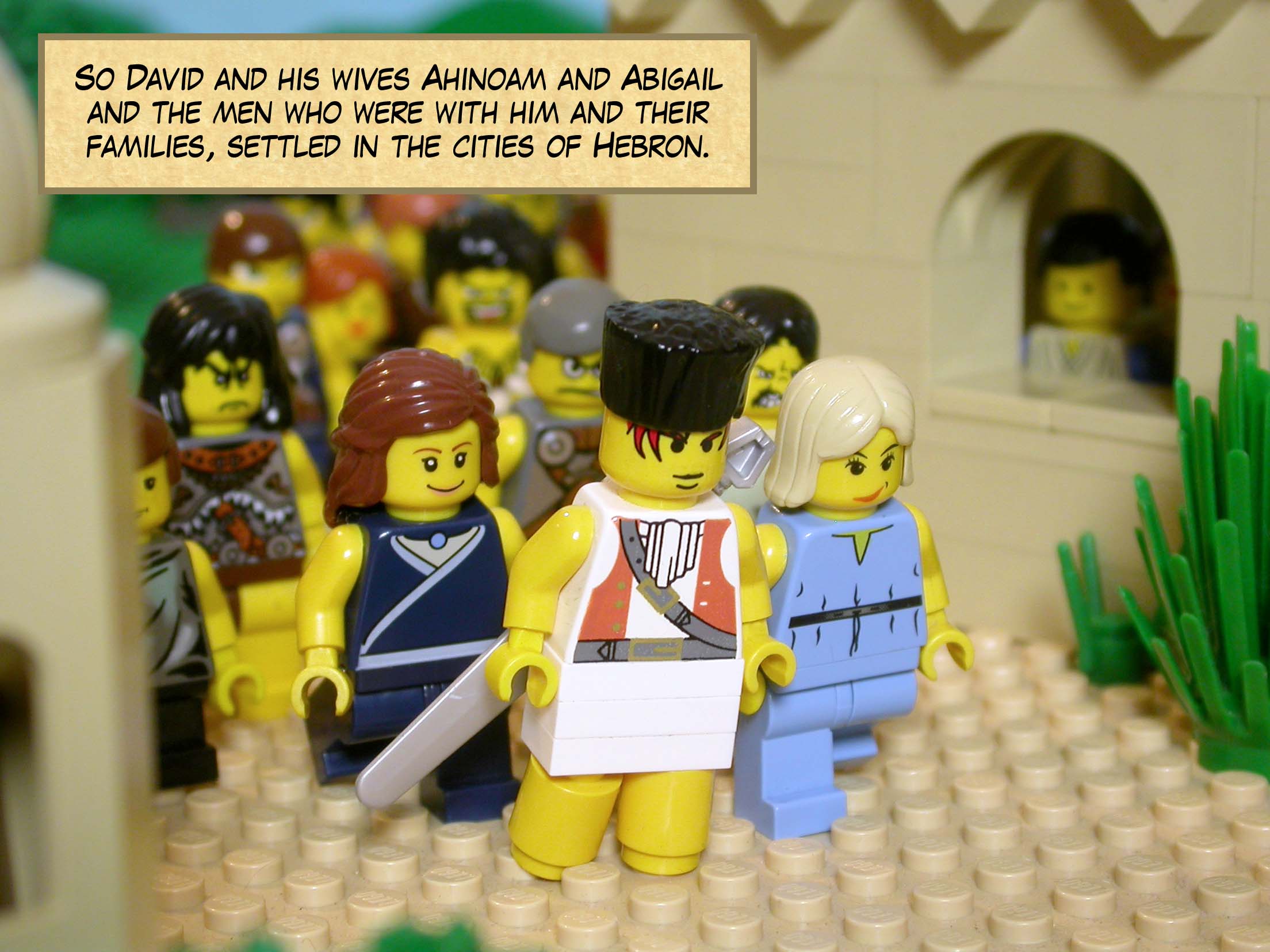 So David and his two wives, Ahinoam and Abigail, and the men who were with him and their families, settled in the cities of Hebron.