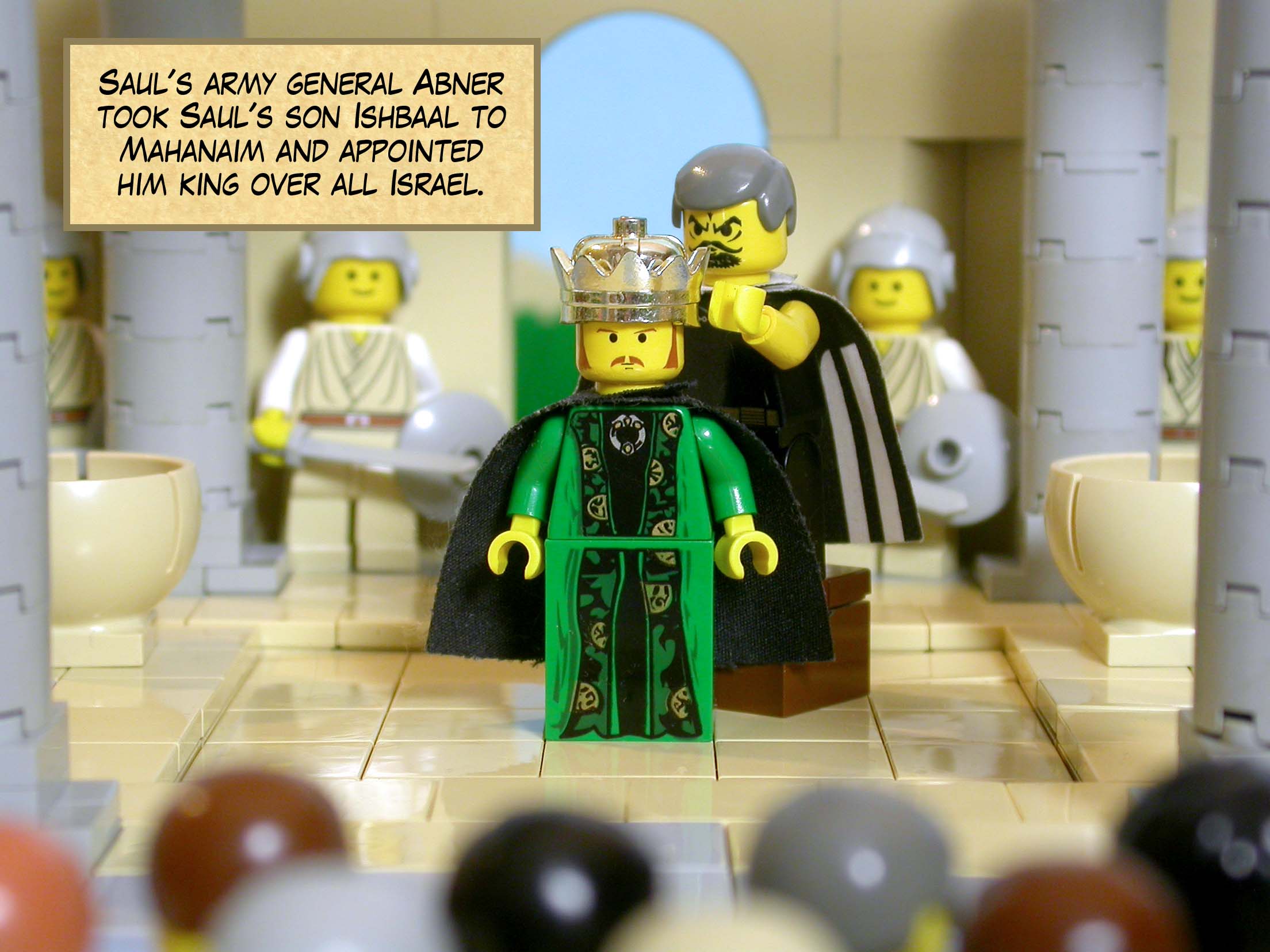 Saul's army general Abner took Saul's son Ishbaal to Mahanaim and appointed him king over all Israel.