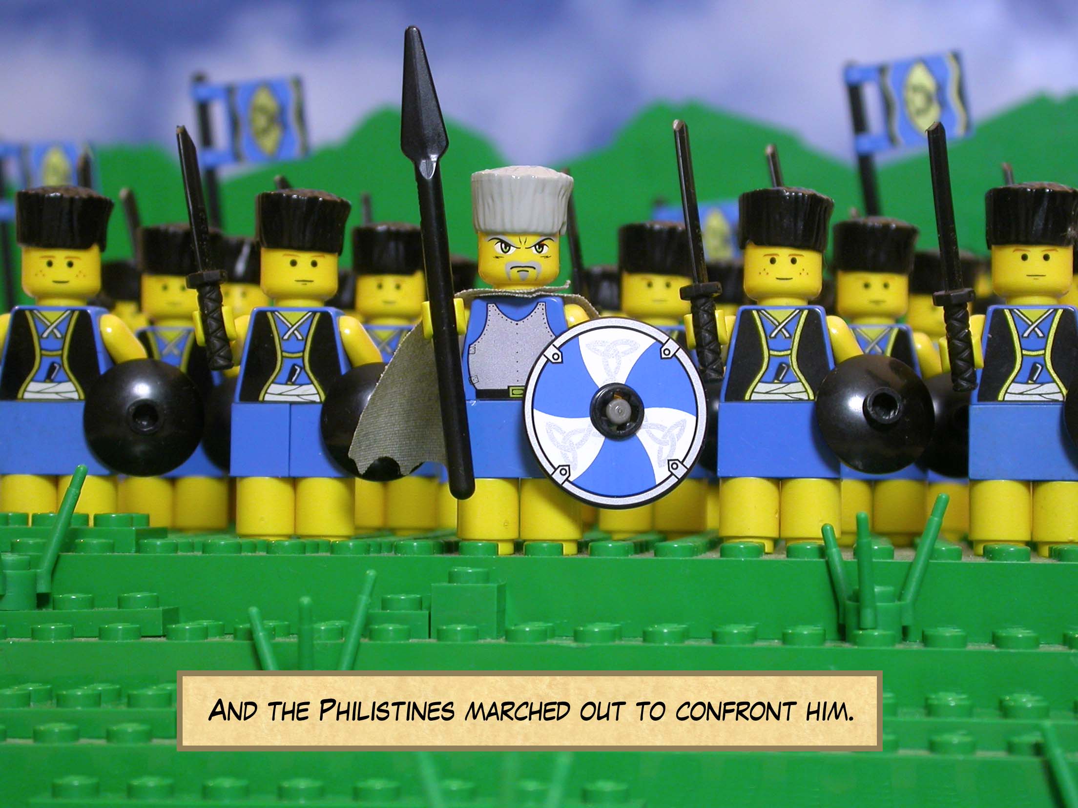 And the Philistines marched out to confront him.