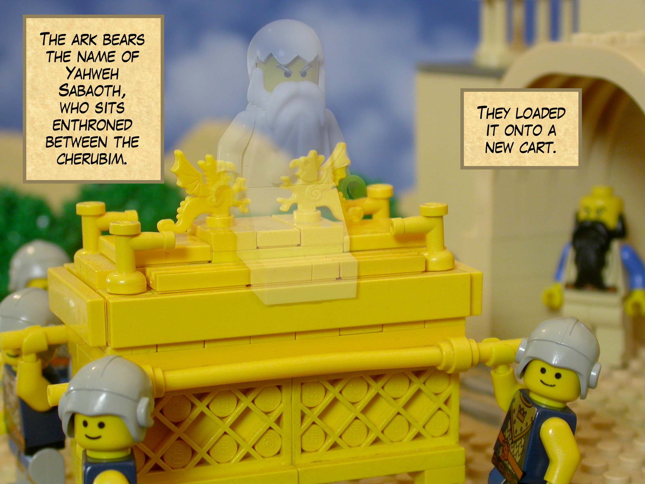 The ark bears the name of Yahweh Sabaoth, who sits enthroned between the cherubim. They loaded it onto a new cart.