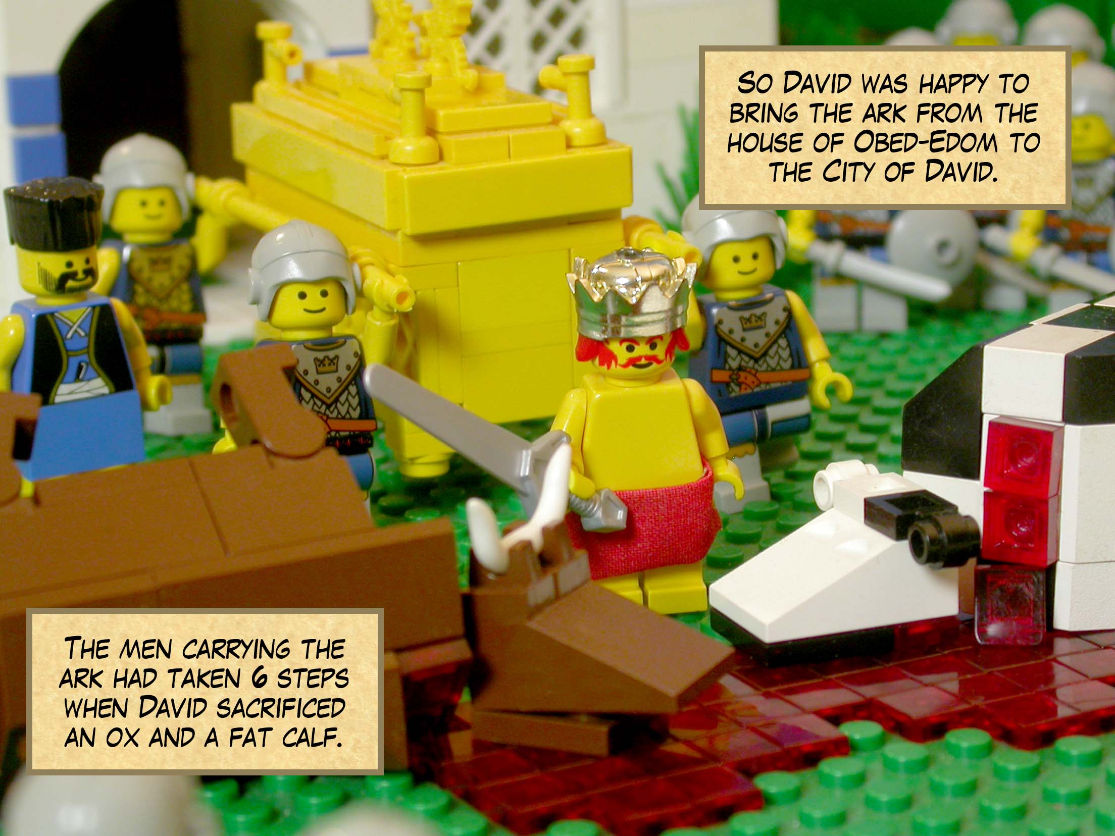 So David was happy to bring the ark from the house of Obed-Edom to the City of David. The men carrying the ark had taken 6 steps when David sacrificed an ox and a fat calf.