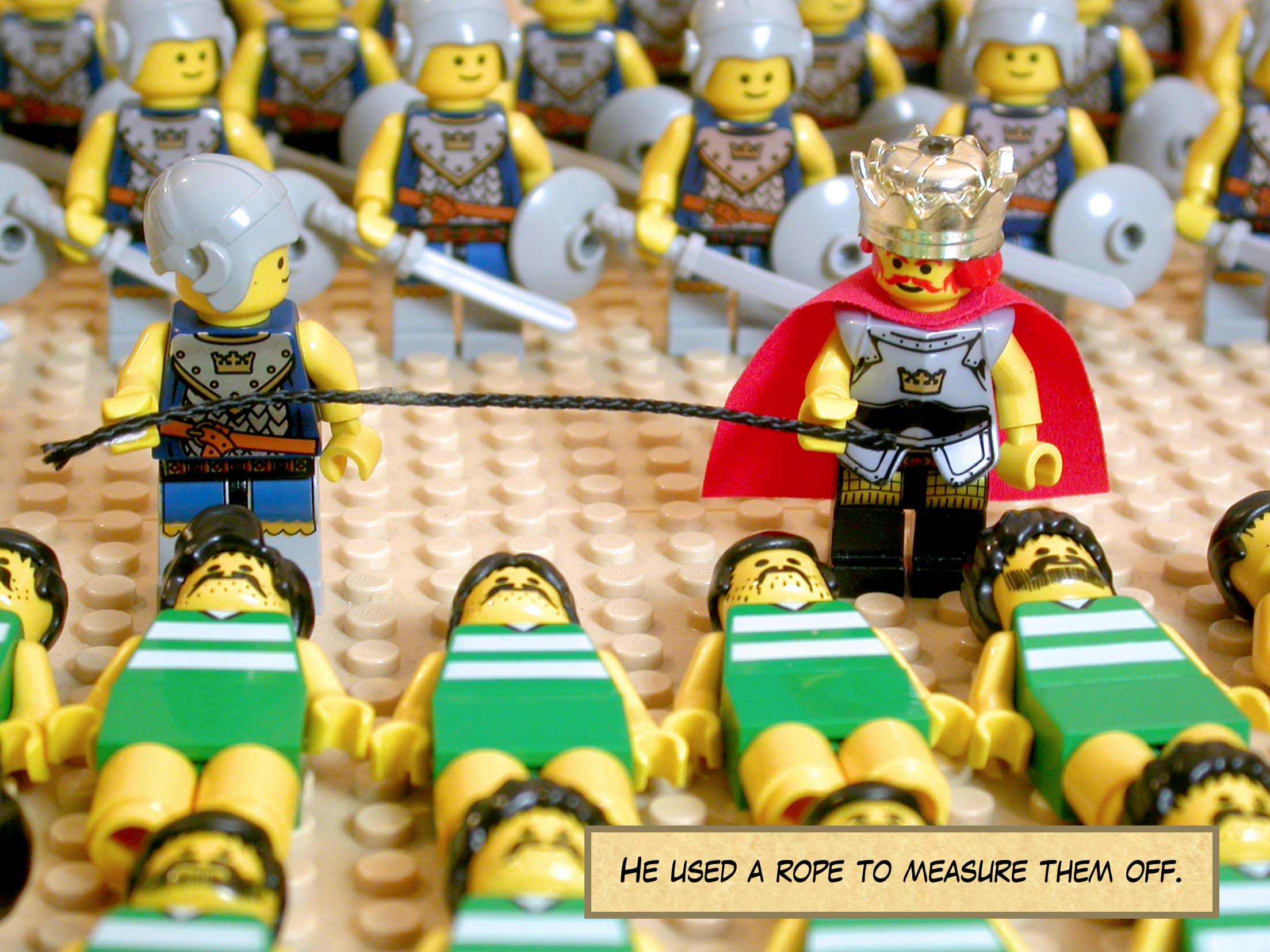 He used a rope to measure them off.