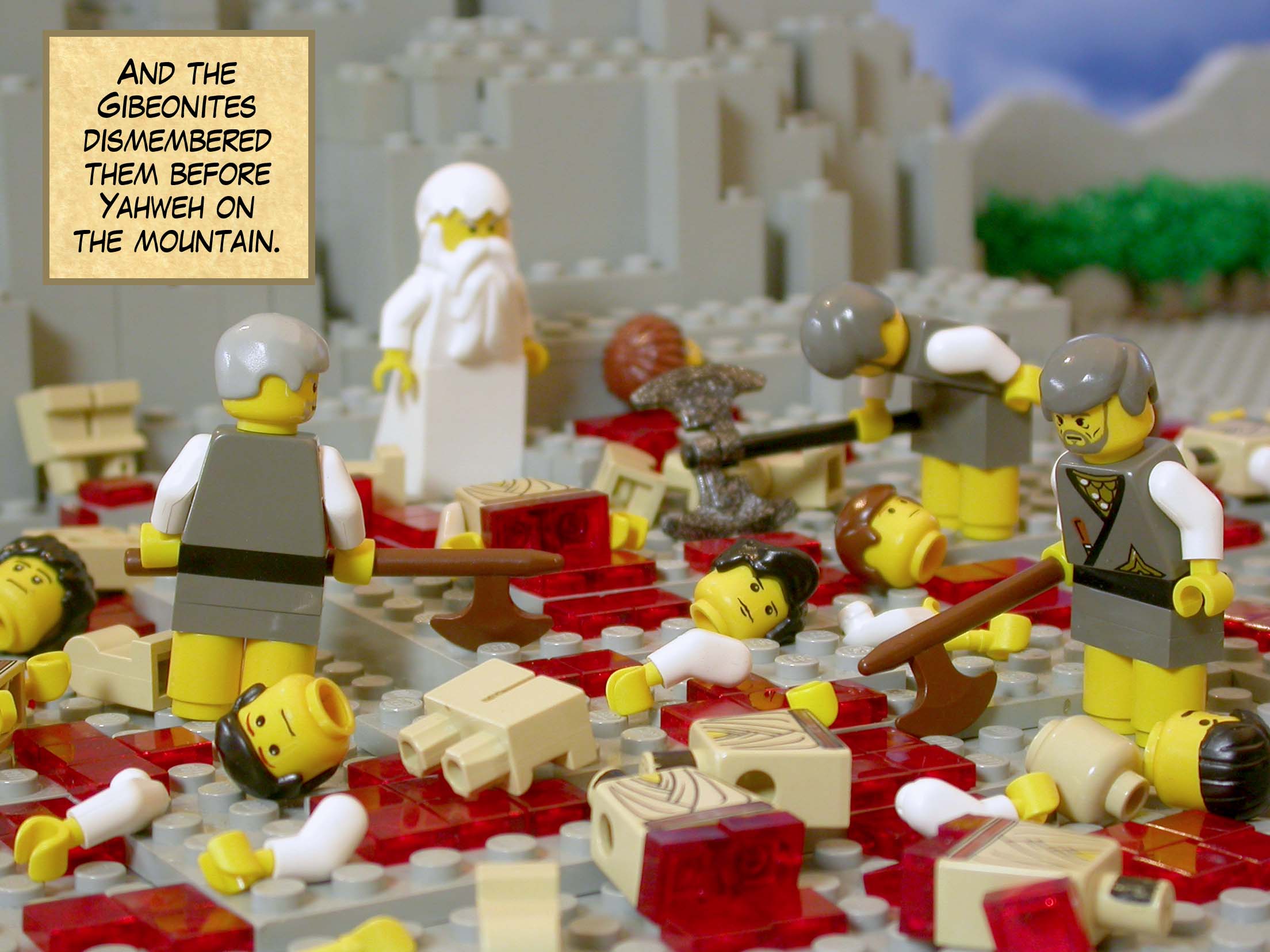 And the Gibeonites dismembered them before Yahweh on the mountain.