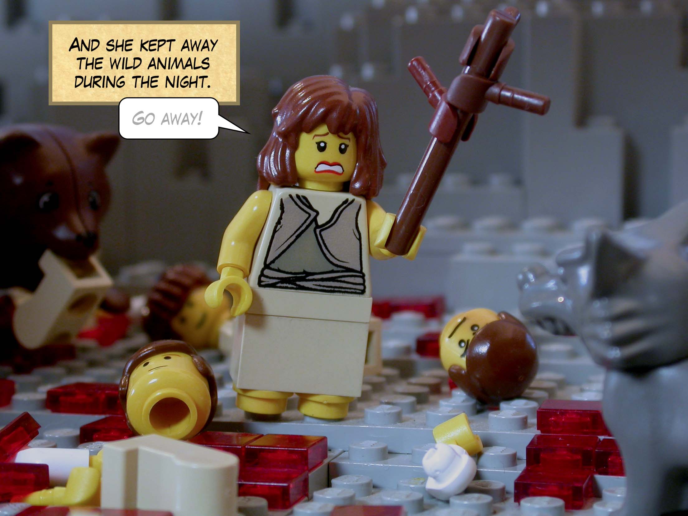 And she kept away the wild animals during the night.