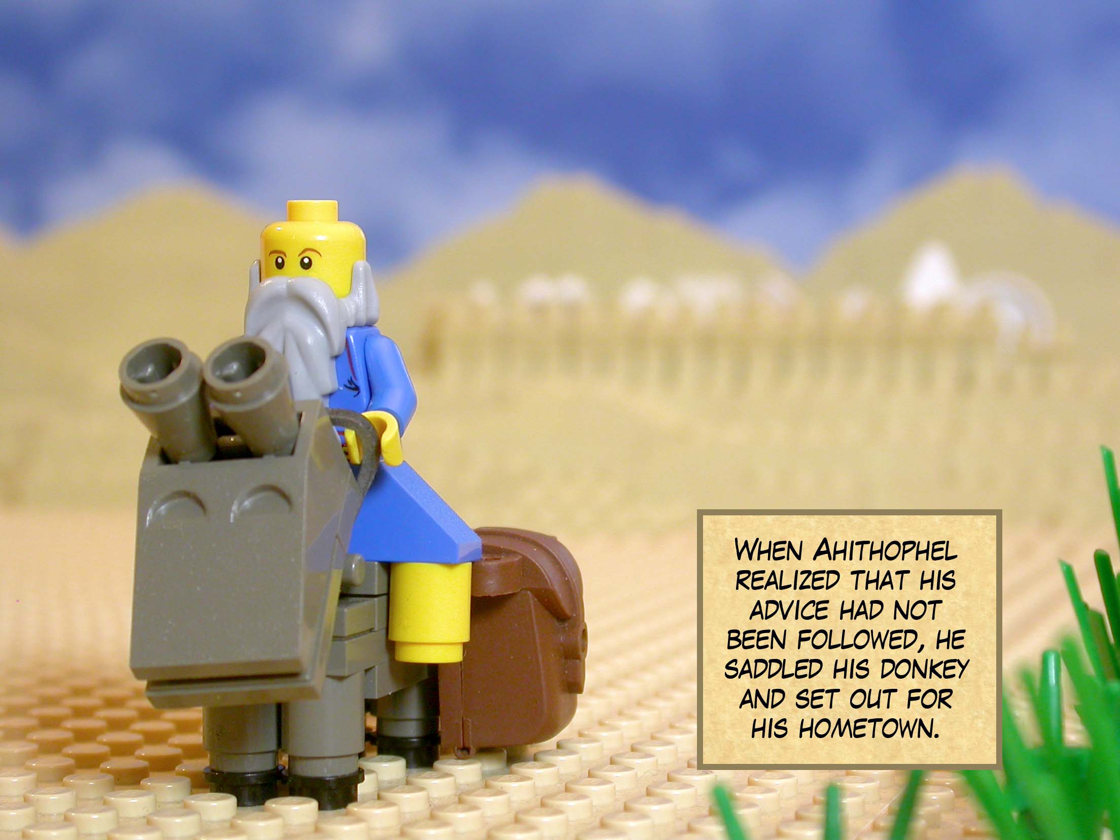 When Ahithophel realized that his advice had not been followed, he saddled his donkey and set out for his hometown.