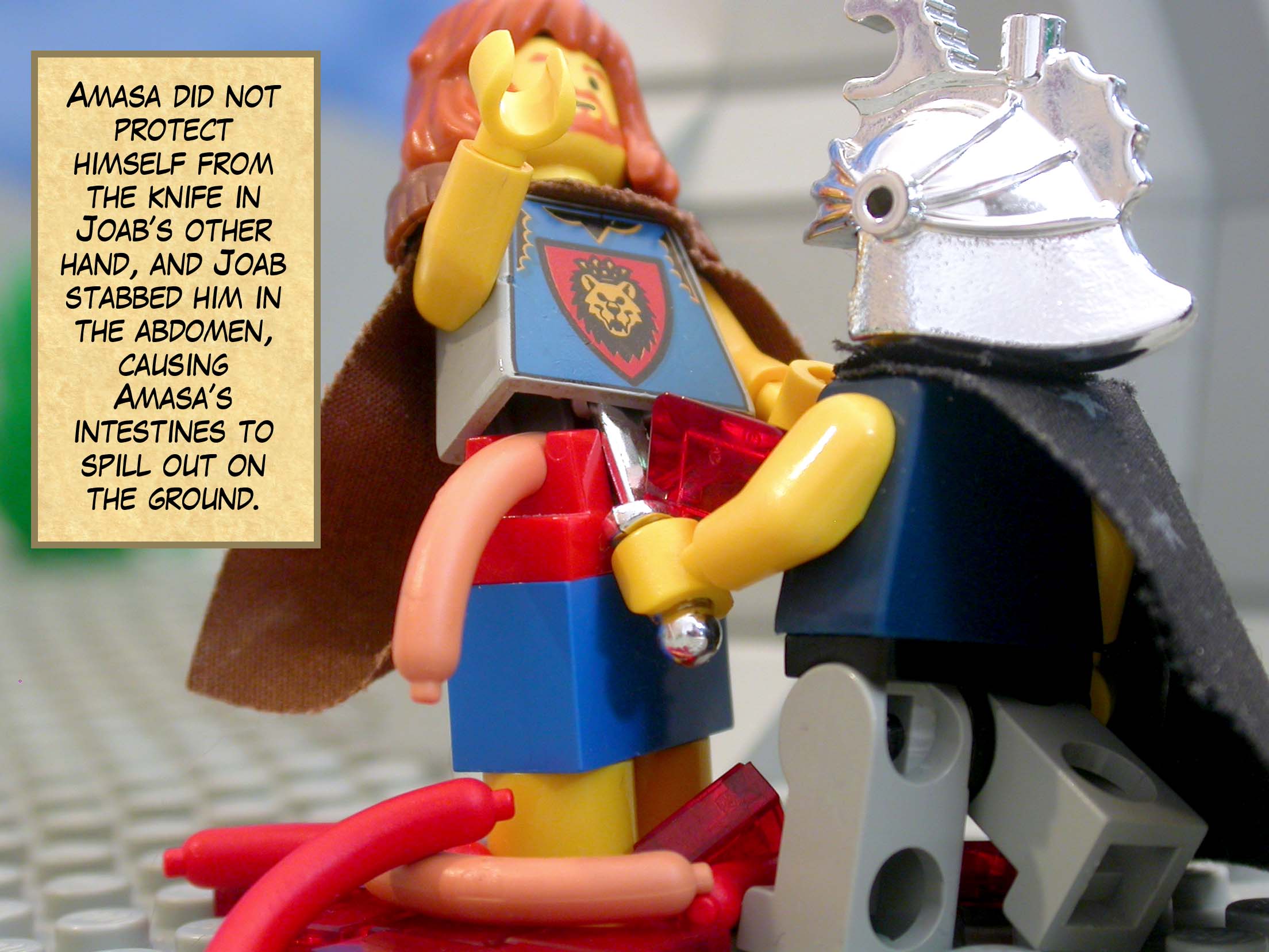 Amasa did not protect himself from the knife in Joab’s other hand, and Joab stabbed him in the abdomen, causing Amasa’s intestines to spill out on the ground.