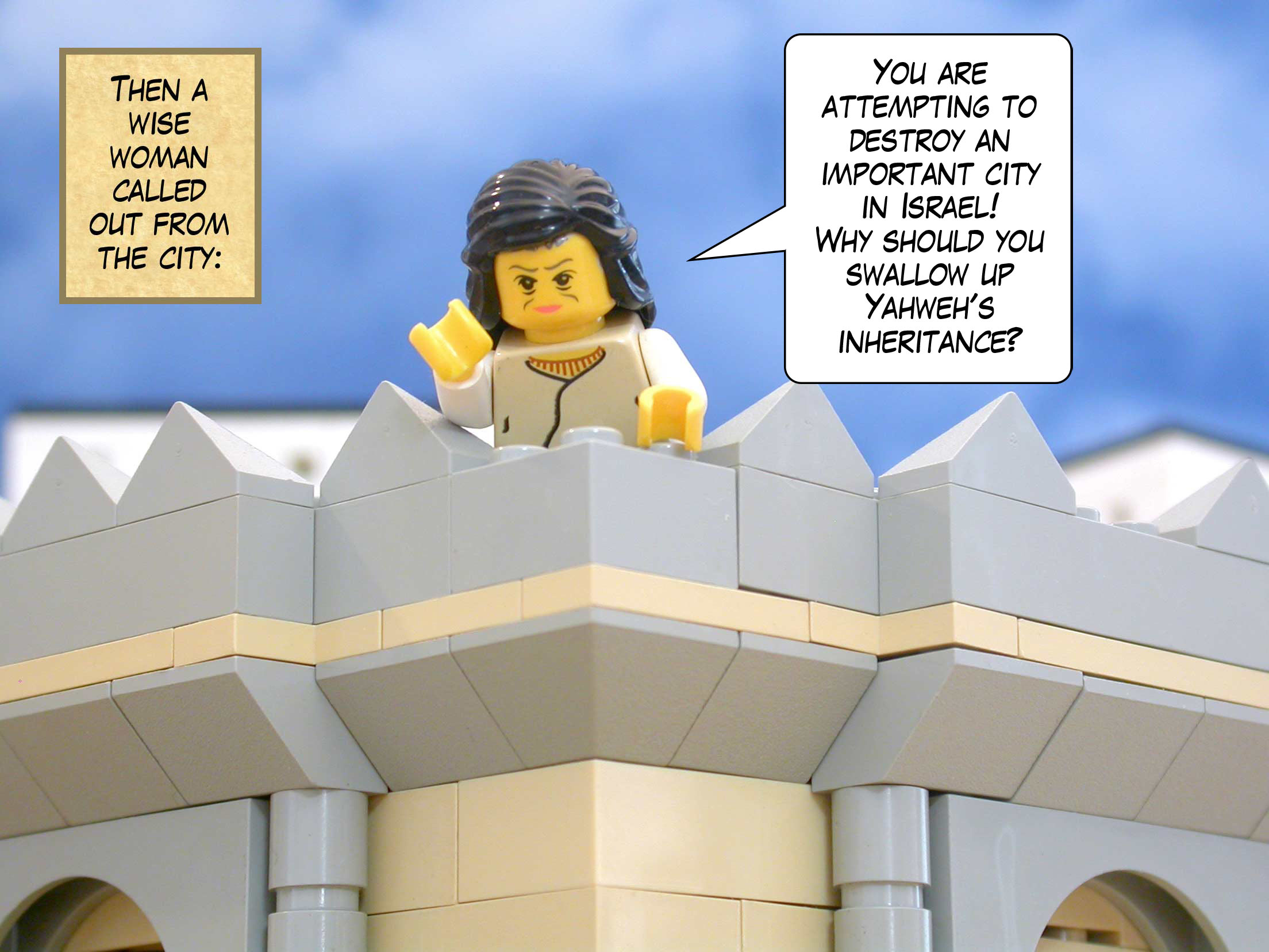 Then a wise woman called out from the city, 'You are attempting to destroy an important city in Israel! Why should you swallow up Yahweh's inheritance?'