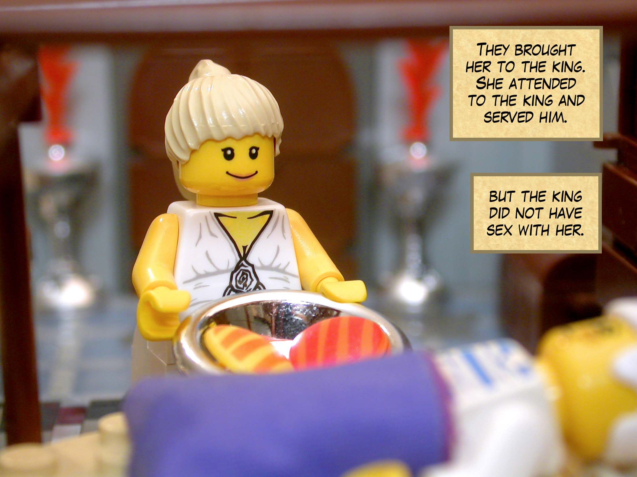 They brought her to the king. She attended to the king and served him, but the king did not have sex with her.