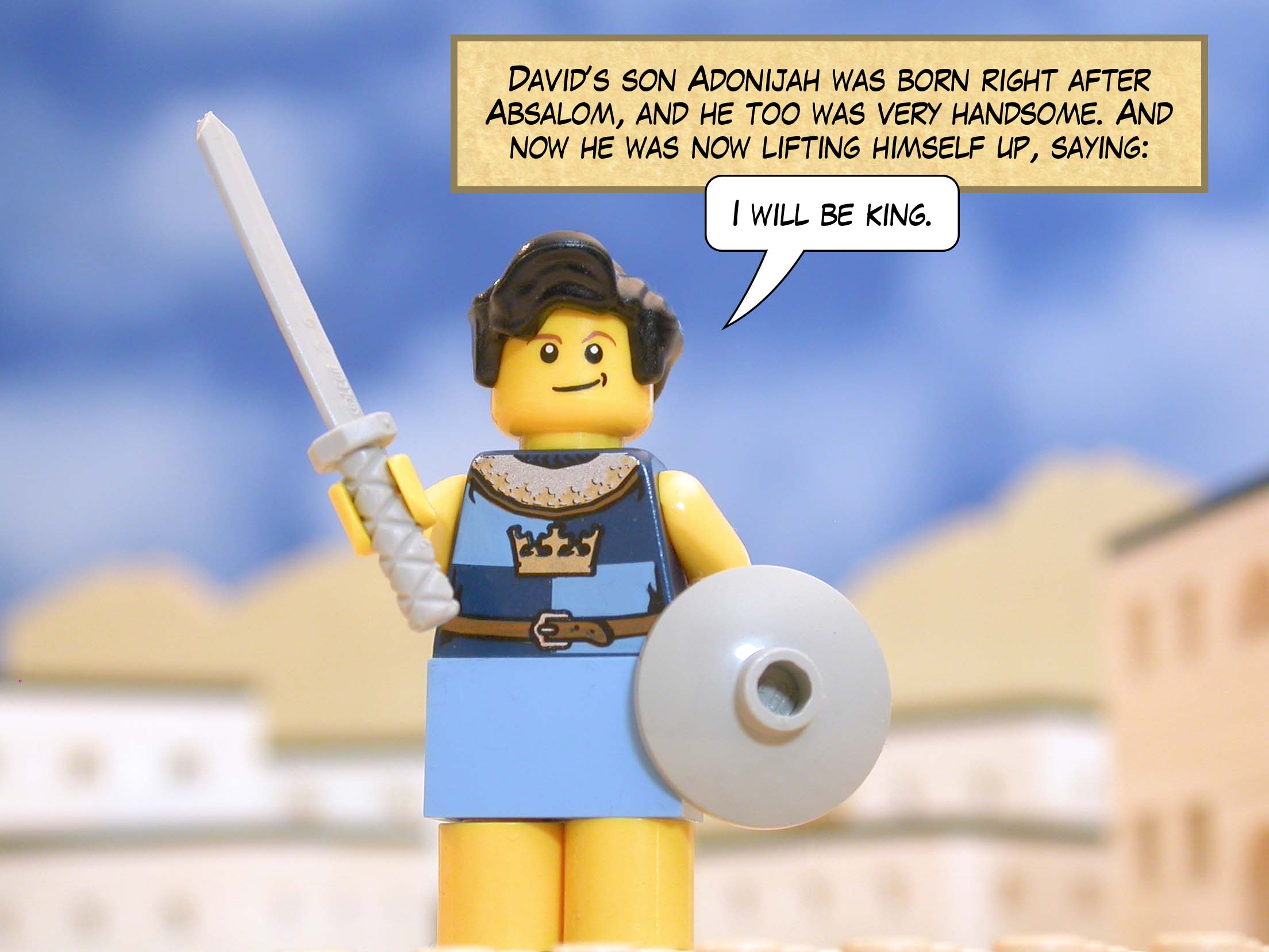 Adonijah, David's son by Haggith, was also very handsome. He was born right after Absalom. He was now lifting himself up, saying, 'I will be king.'