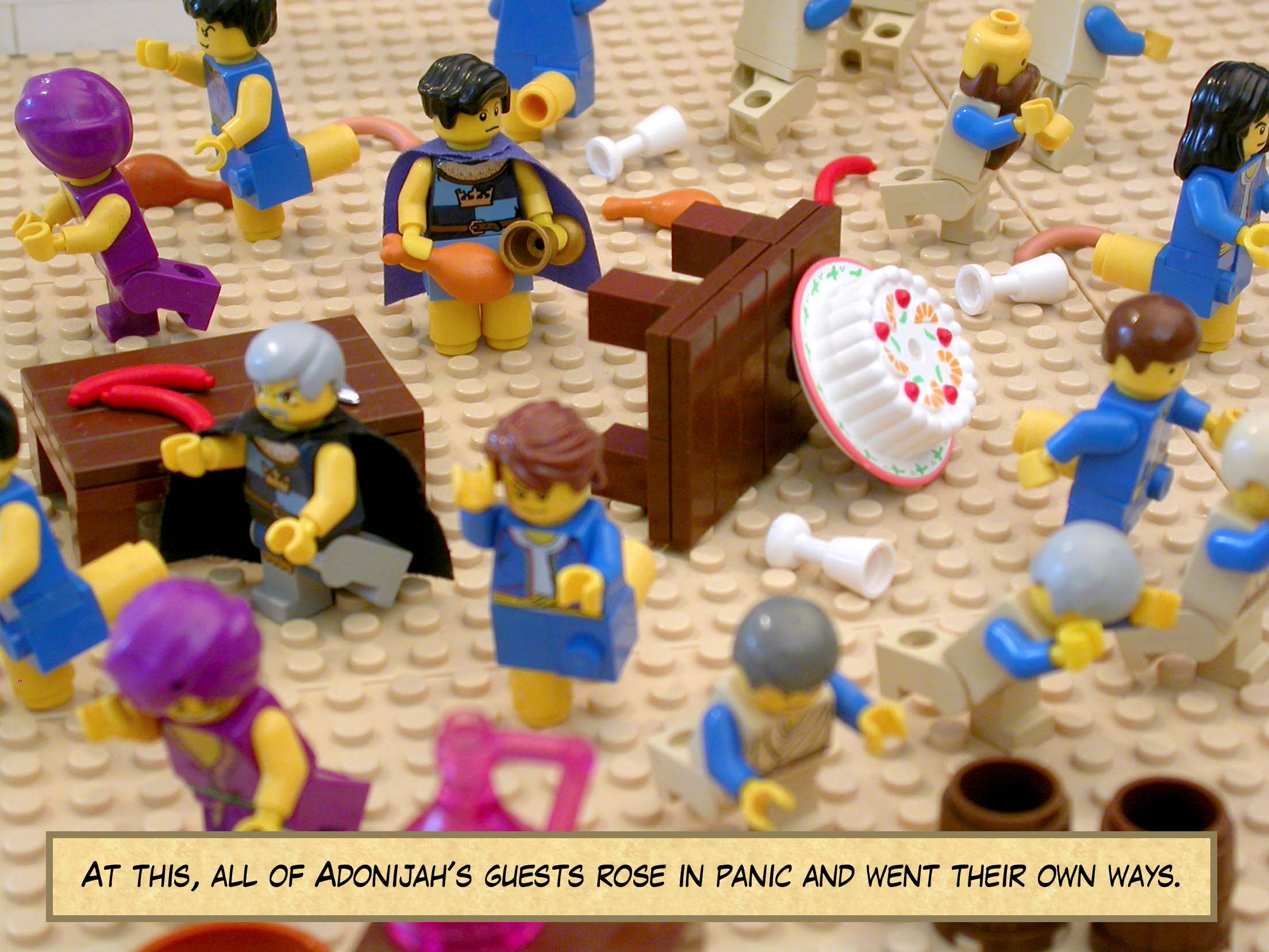 At this, all of Adonijah's guests rose in panic and went their own ways.