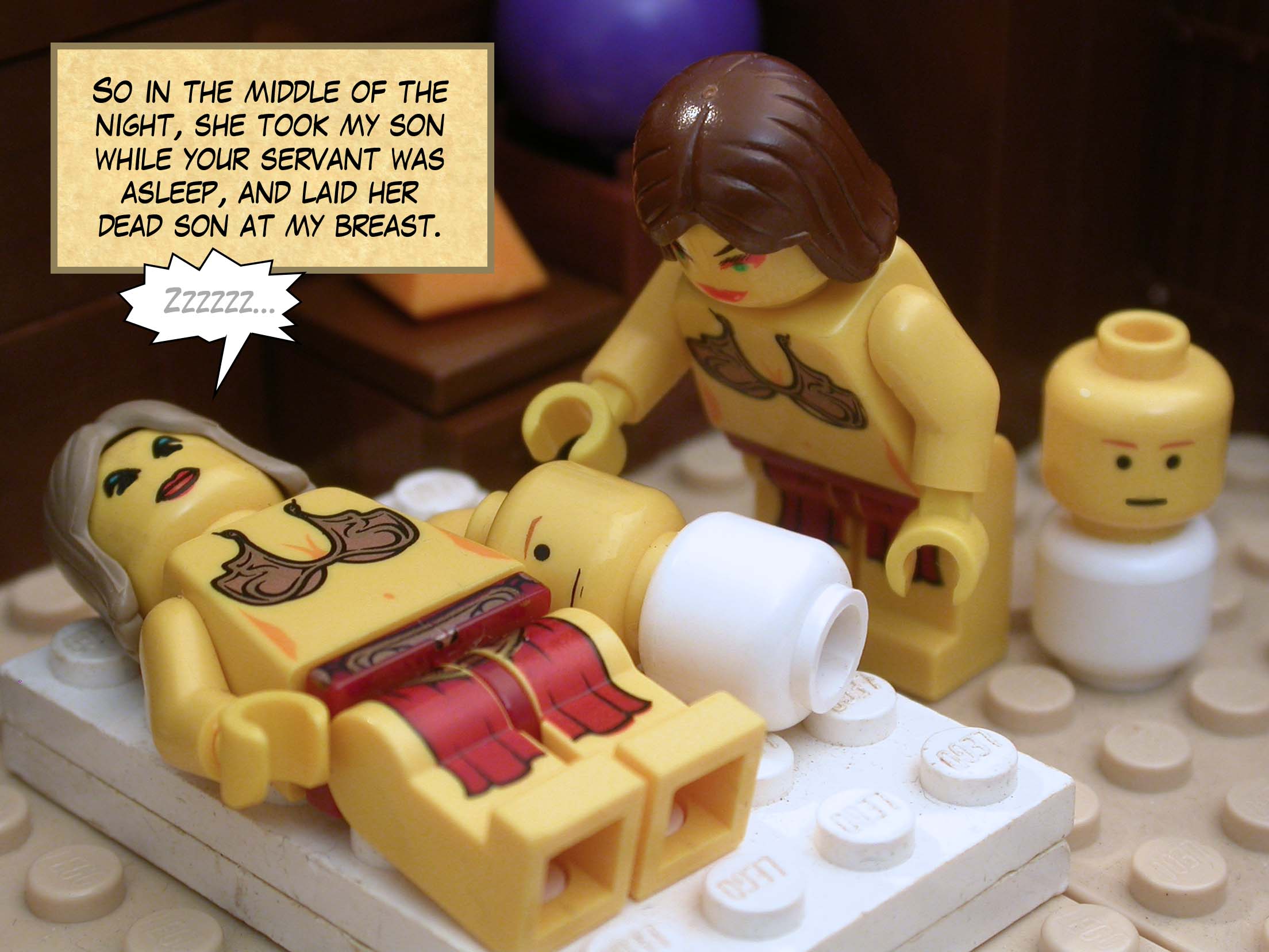 'So in the middle of the night, she took my son while your servant was asleep, and laid her dead son at my breast.'