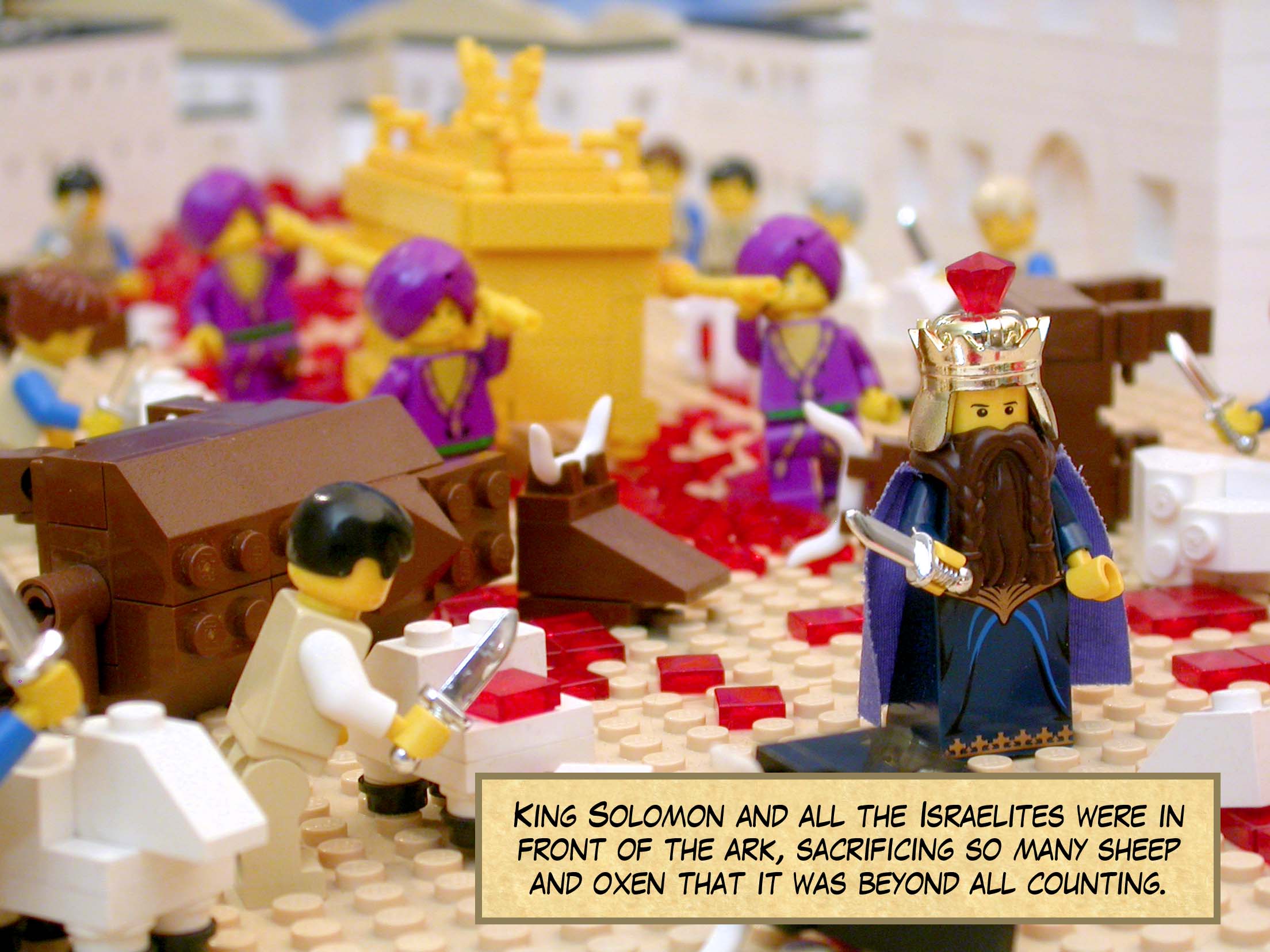 King Solomon and all the Israelites were in front of the ark, sacrificing so many sheep and oxen that it was beyond all counting.