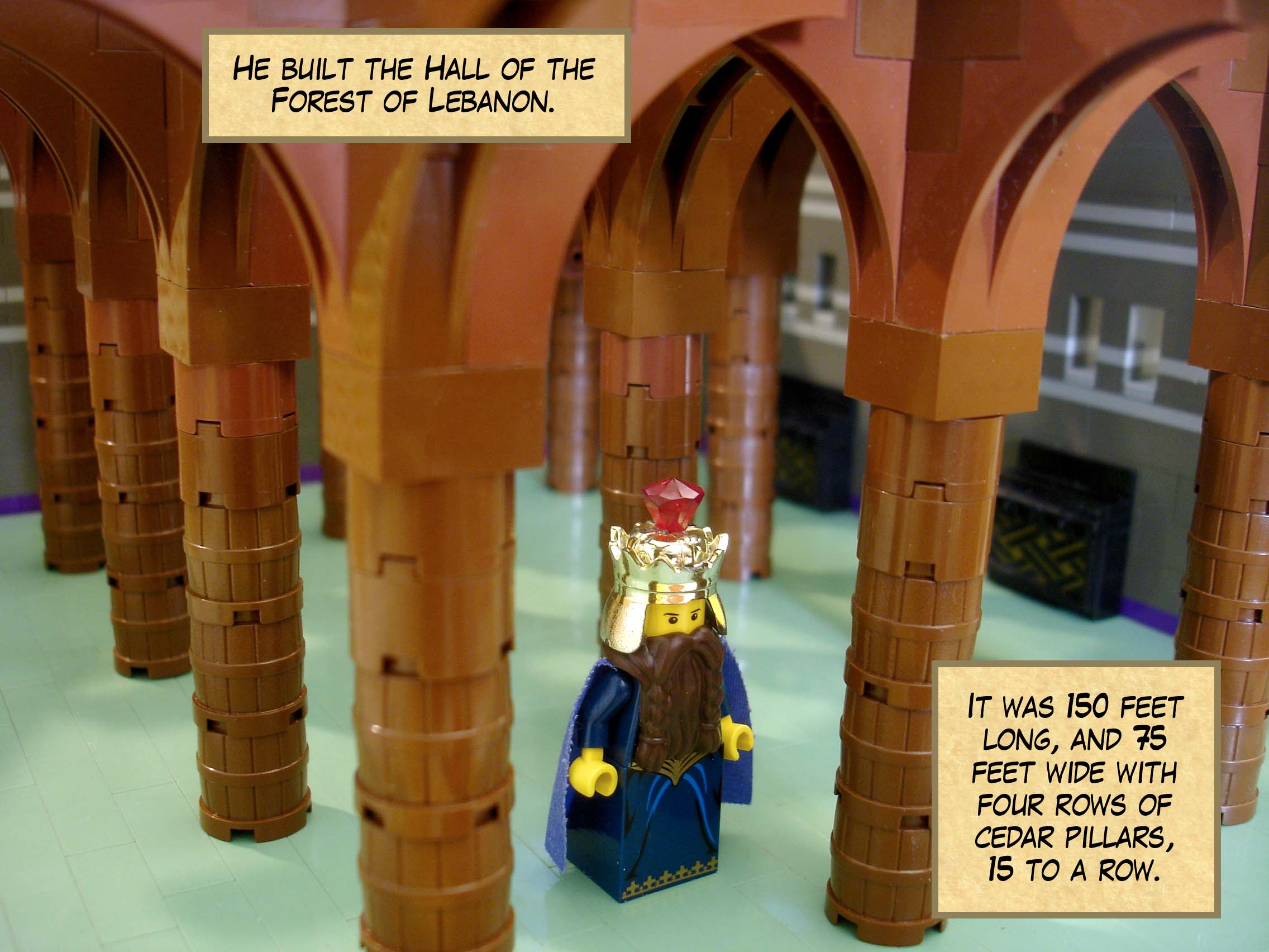 He built the Hall of the Forest of Lebanon. It was 150 feet long, and 75 feet wide with four rows of cedar pillars, fifteen to a row.