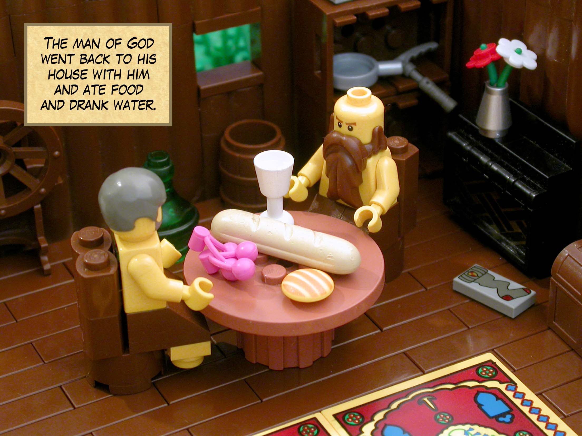 The man of God went back to his house with him and ate food and drank water.