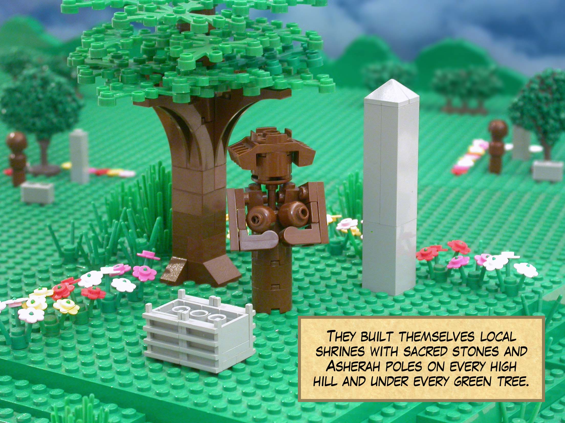 They built themselves local shrines with sacred stones and Asherah poles on every high hill and under every green tree.