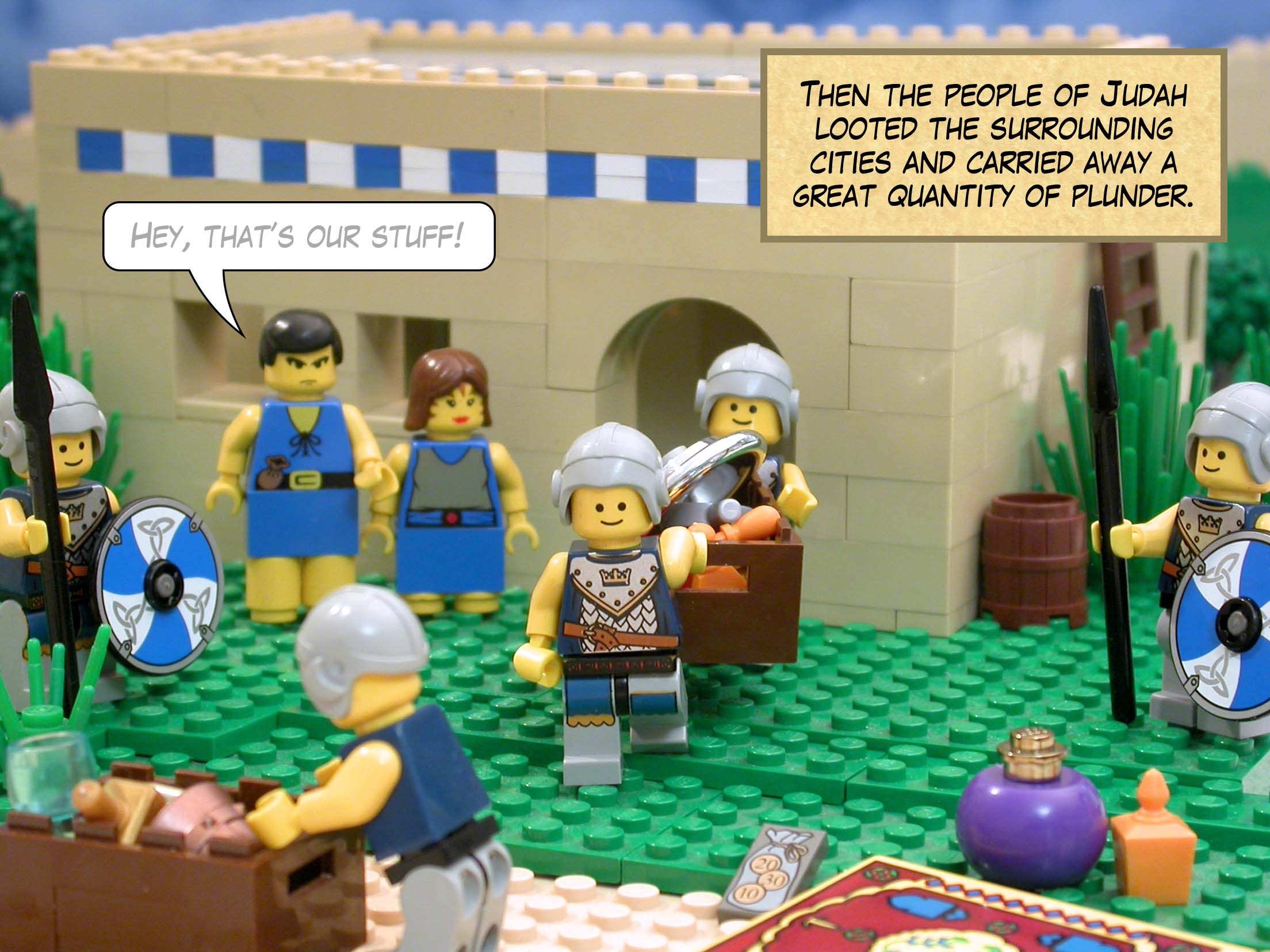 Then the people of Judah looted the surrounding cities and carried away a great quantity of plunder.