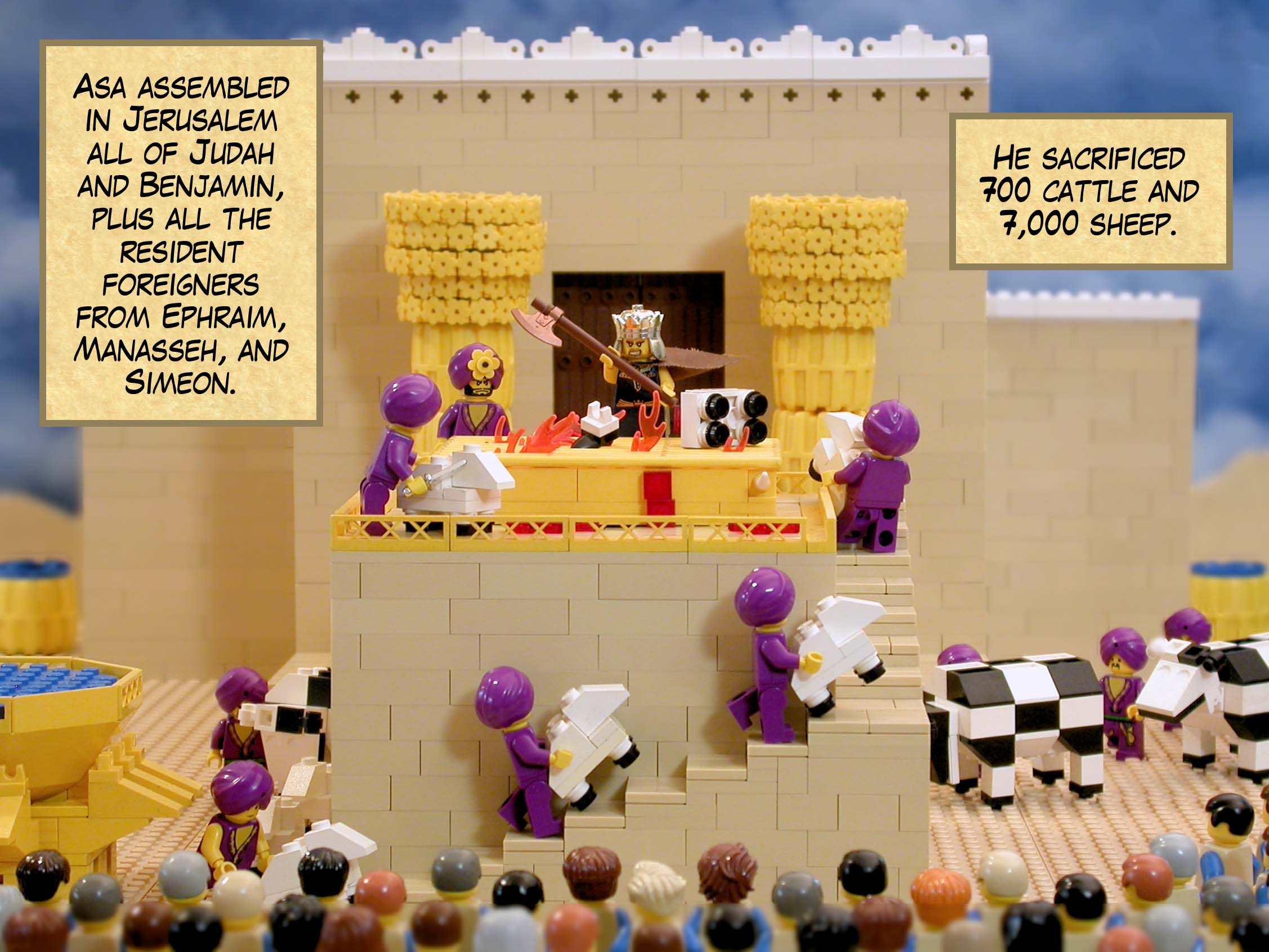 Asa assembled in Jerusalem all of Judah and Benjamin, plus all the resident foreigners from Ephraim, Manasseh, and Simeon. He sacrificed 700 cattle and 7,000 sheep.