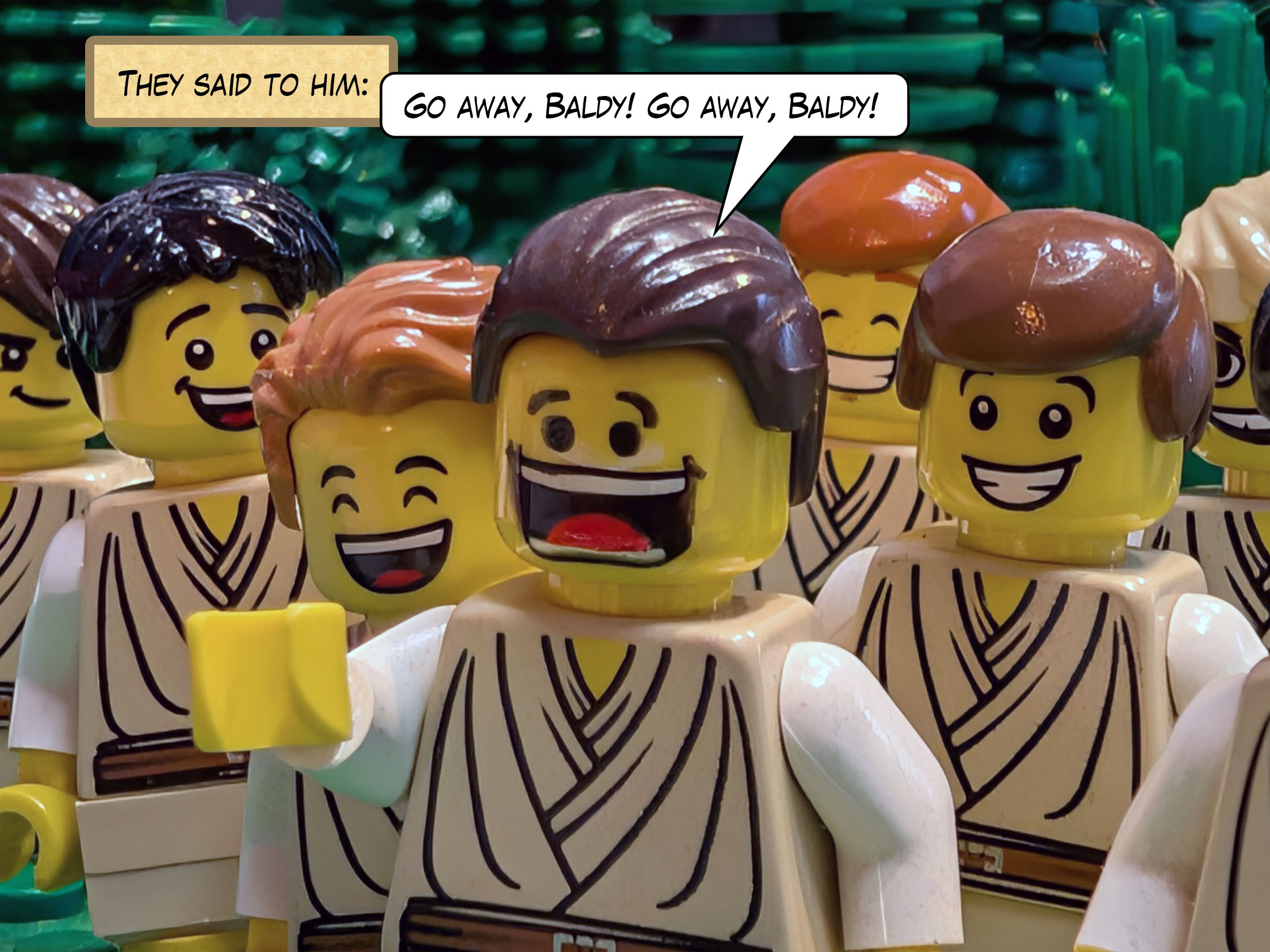 They said to him, “Go away, bald head! Go away, bald head!”