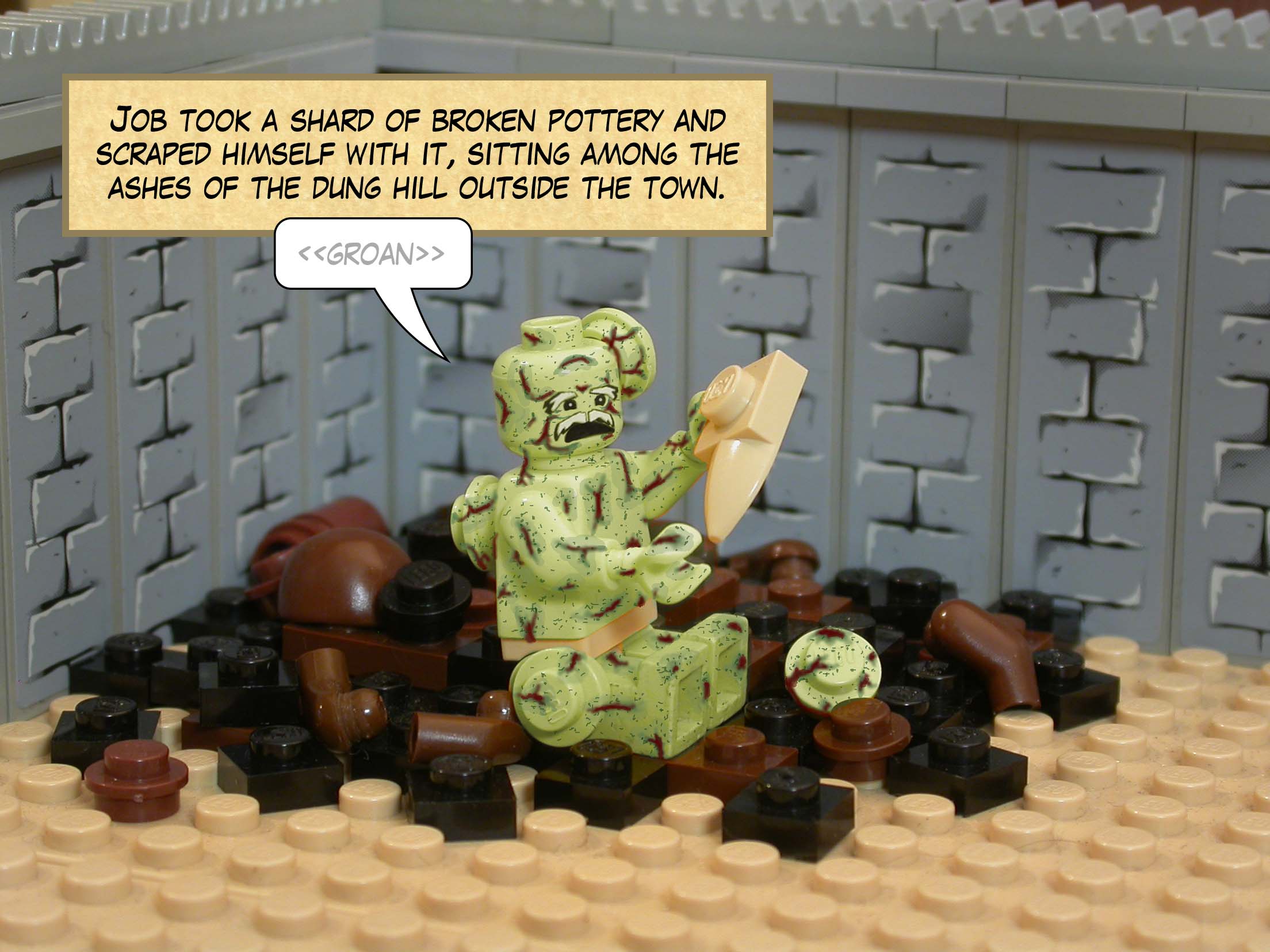 Job took a shard of broken pottery and scraped himself with it, sitting among the ashes of the dung hill outside the town.<br>