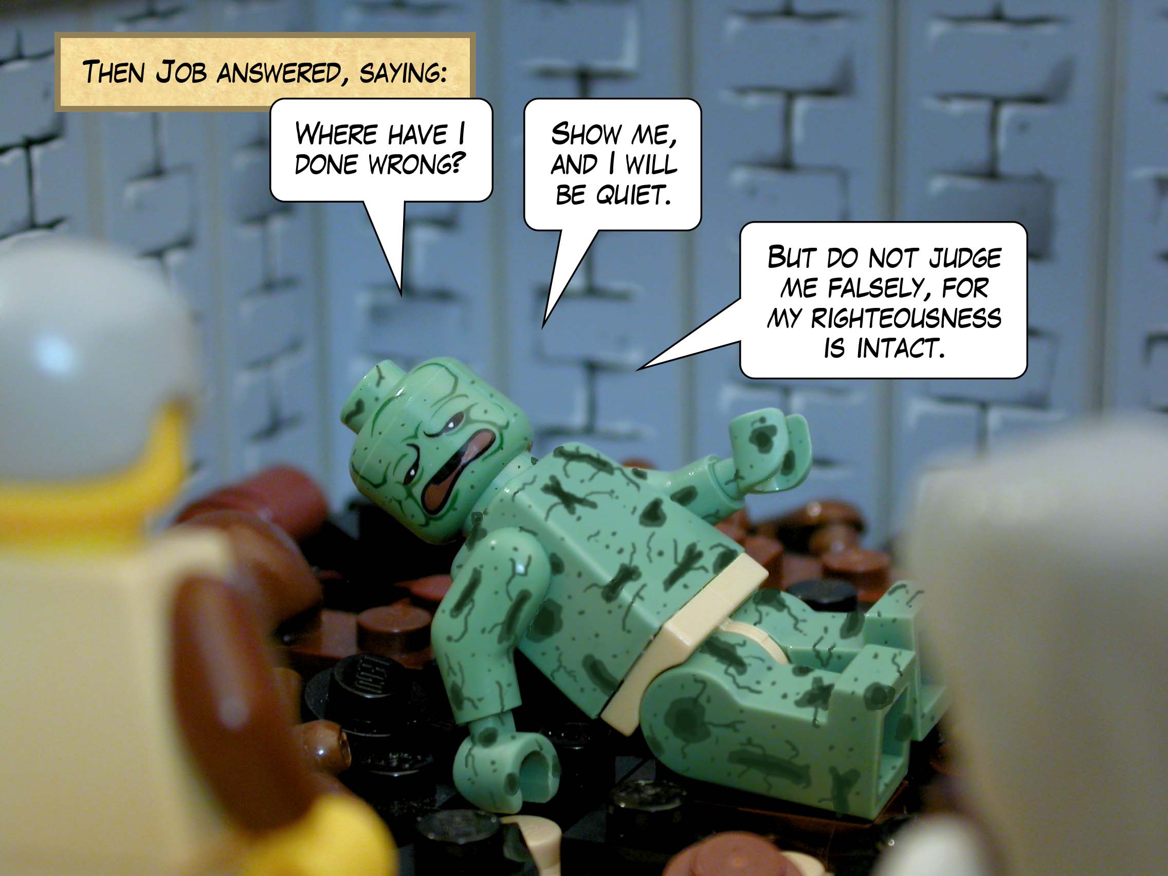 Then Job answered, saying, 'Where have I done wrong? Show me, and I will be quiet. But do not judge me falsely, for my righteousness is intact.'<br>