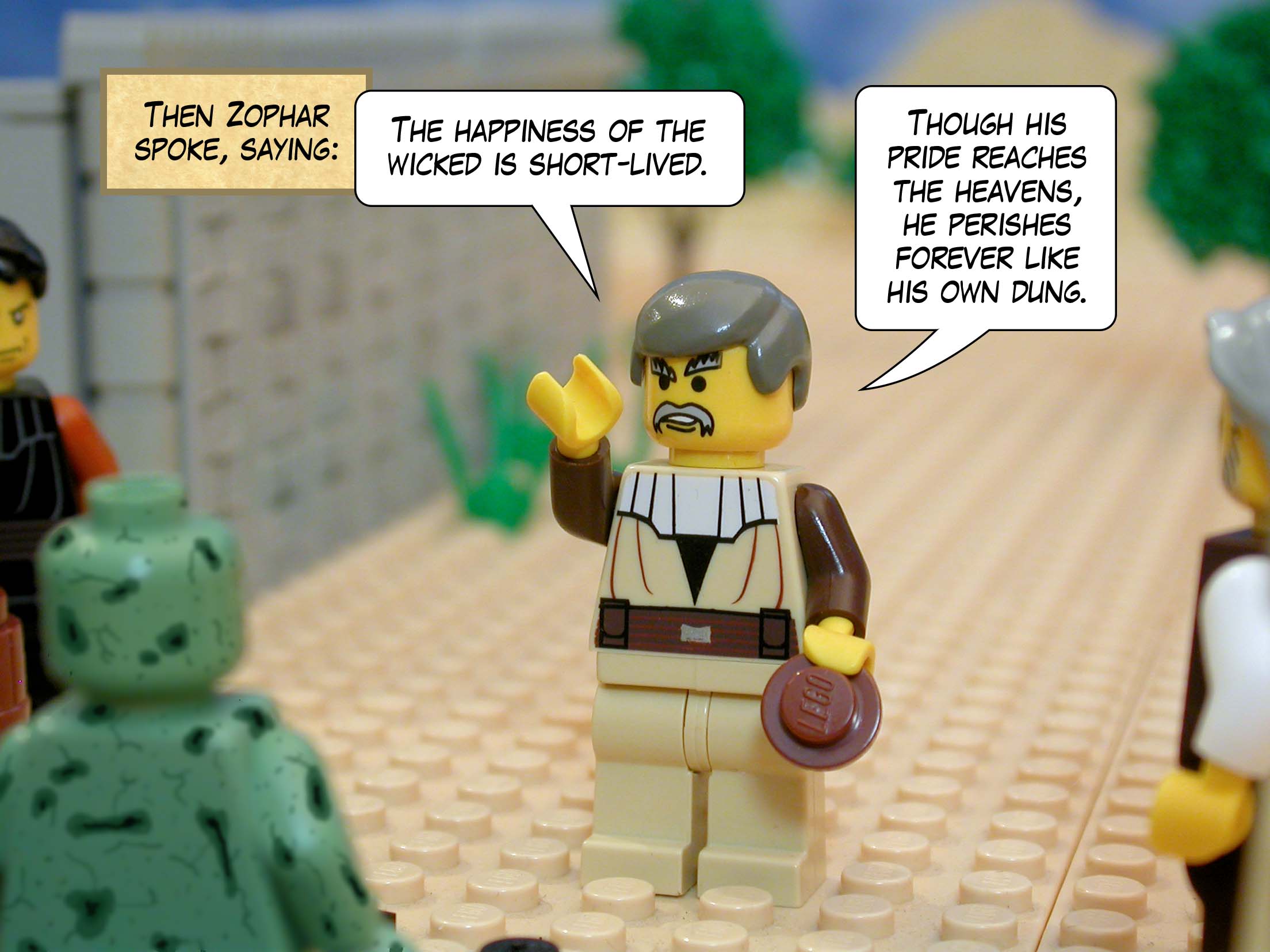 Then Zophar spoke, saying, 'The happiness of the wicked is short-lived. Though his pride reaches the heavens, he perishes forever like his own dung.'<br>