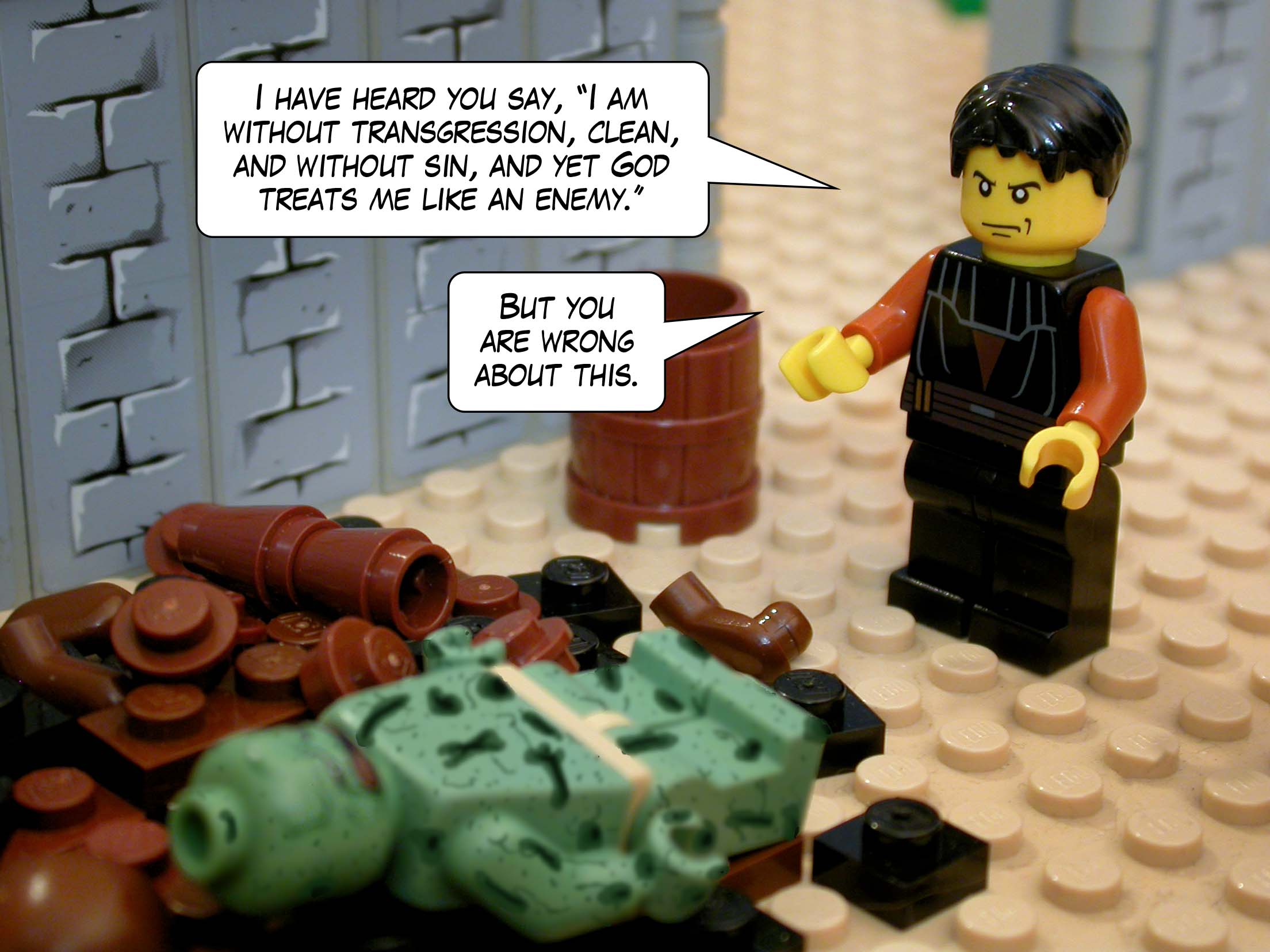 'I have heard you say, "I am without transgression, clean, and without sin, and yet God treats me like an enemy." But you are wrong about this.'<br>