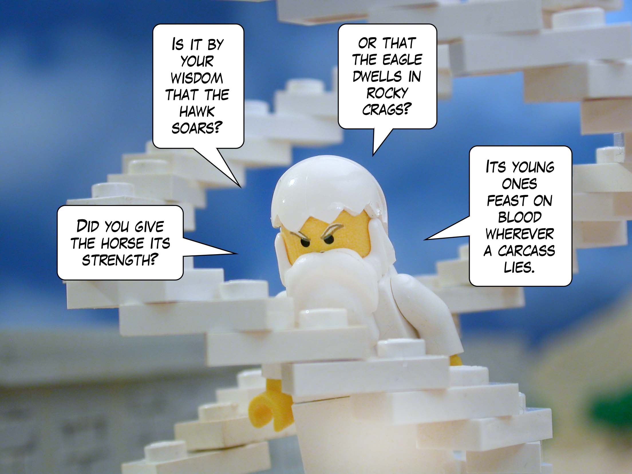'Did you give the horse its strength? Is it by your wisdom that the hawk soars, or the eagle dwells in rocky crags? Its young ones feast on blood wherever a carcass lies.'<br>